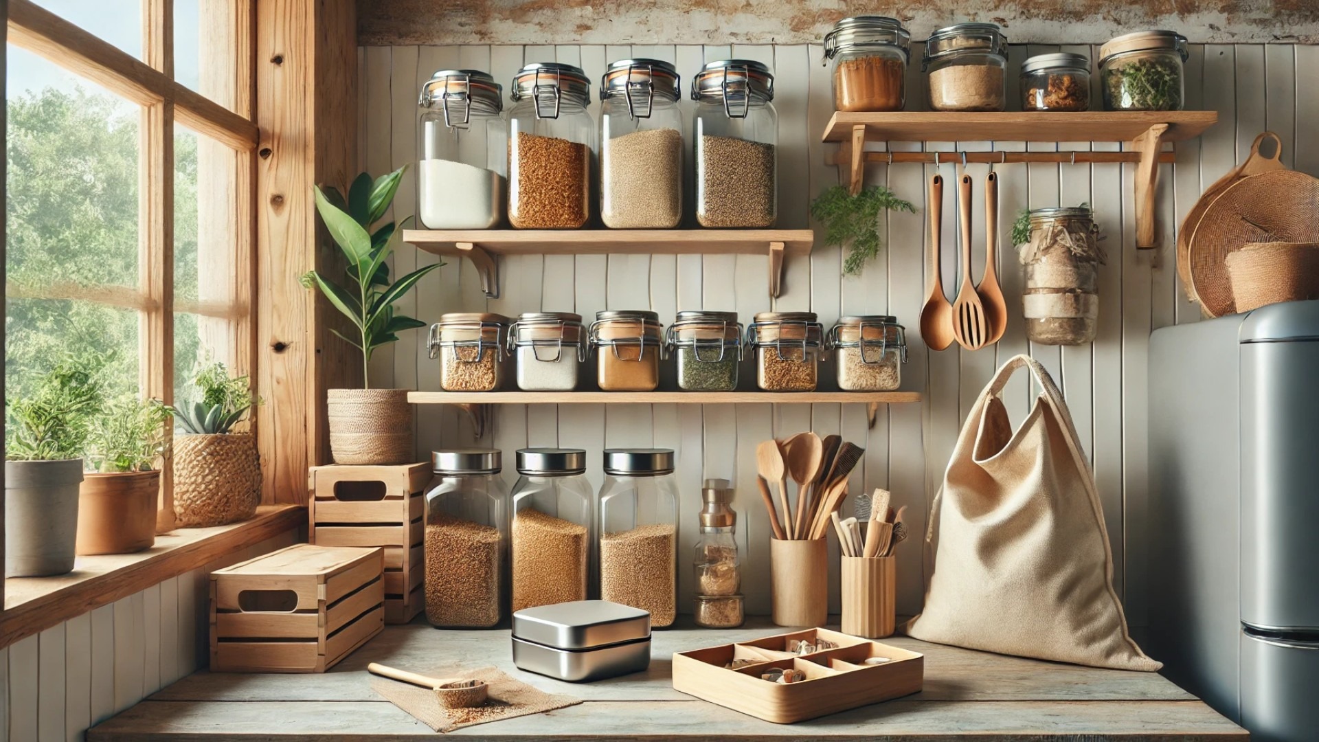 serene, zero waste-inspired kitchen spaces, featuring reusable and sustainable products in a modern, eco-conscious setting