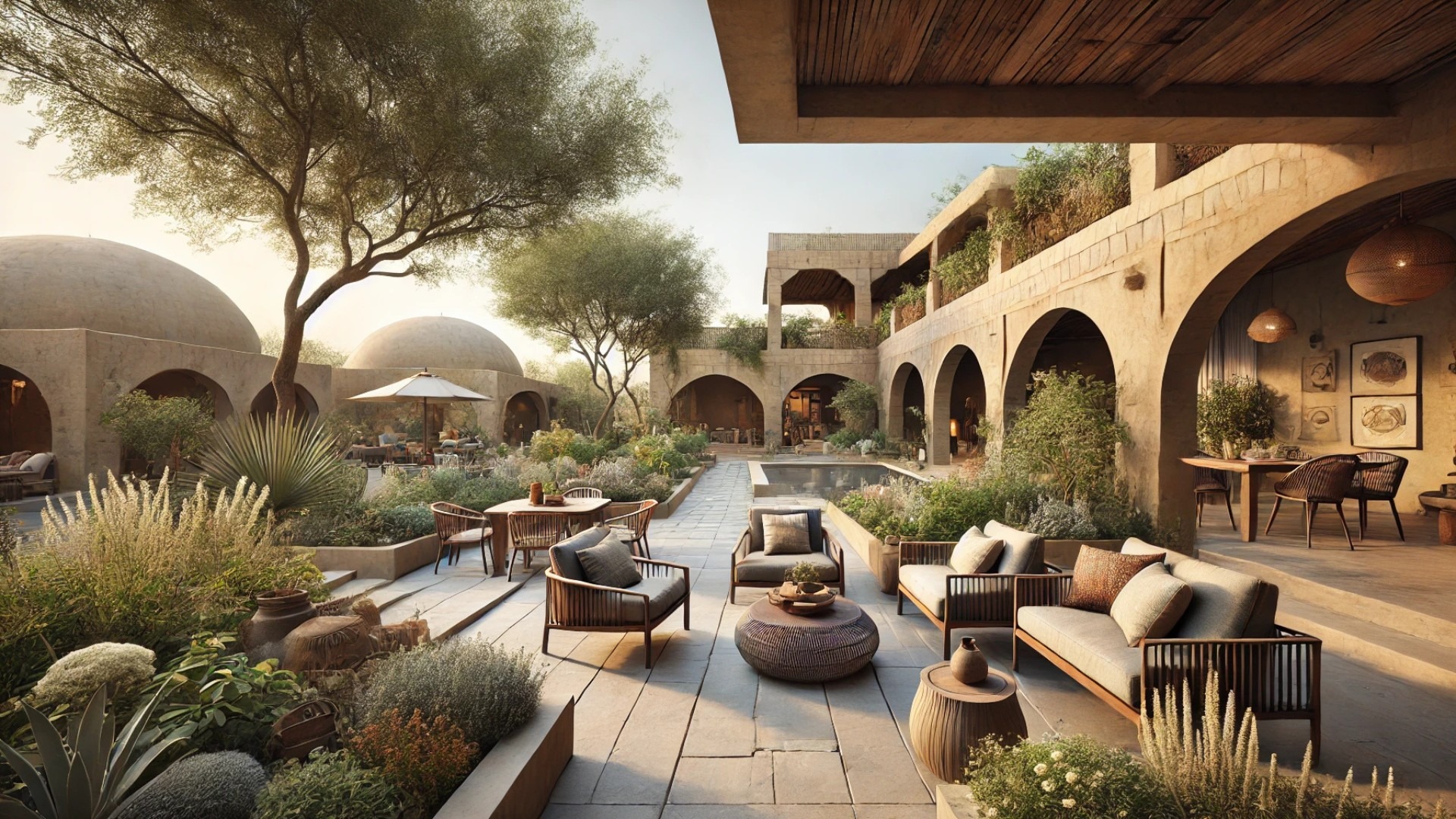 outdoor living spaces of the Vault House, where rustic charm meets serene natural integration