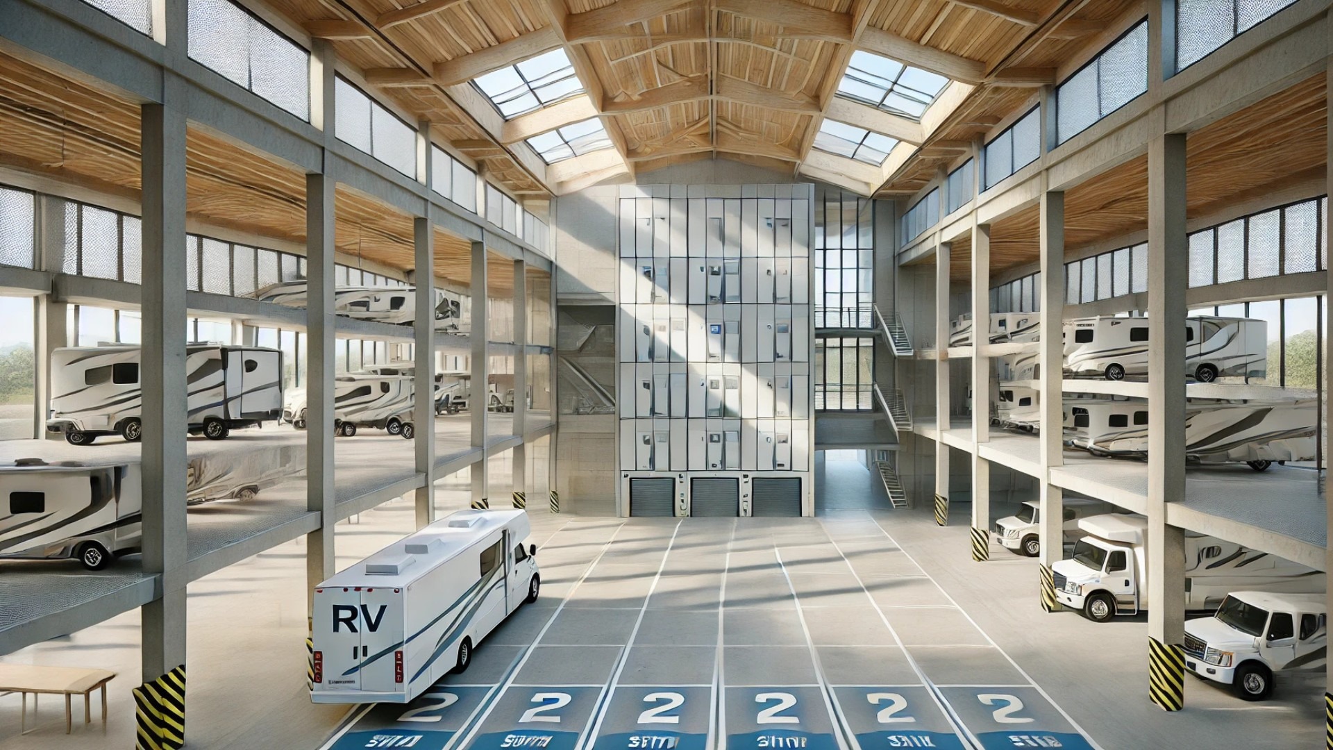 showing the clean, open layout and material palette of the RV storage facility