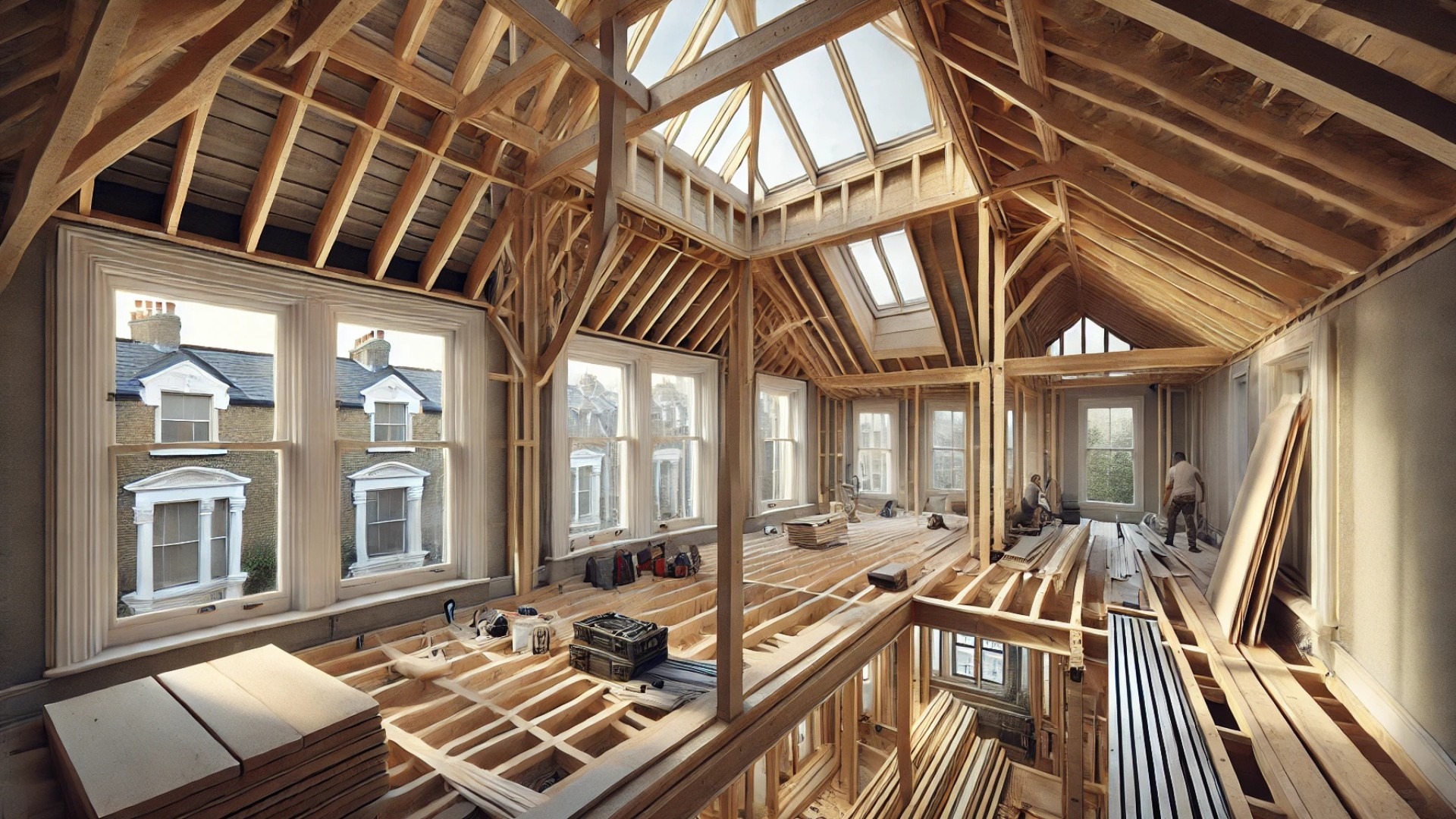capturing a realistic view of a London loft conversion in progress, with clear attention to structural reinforcement and architectural detail