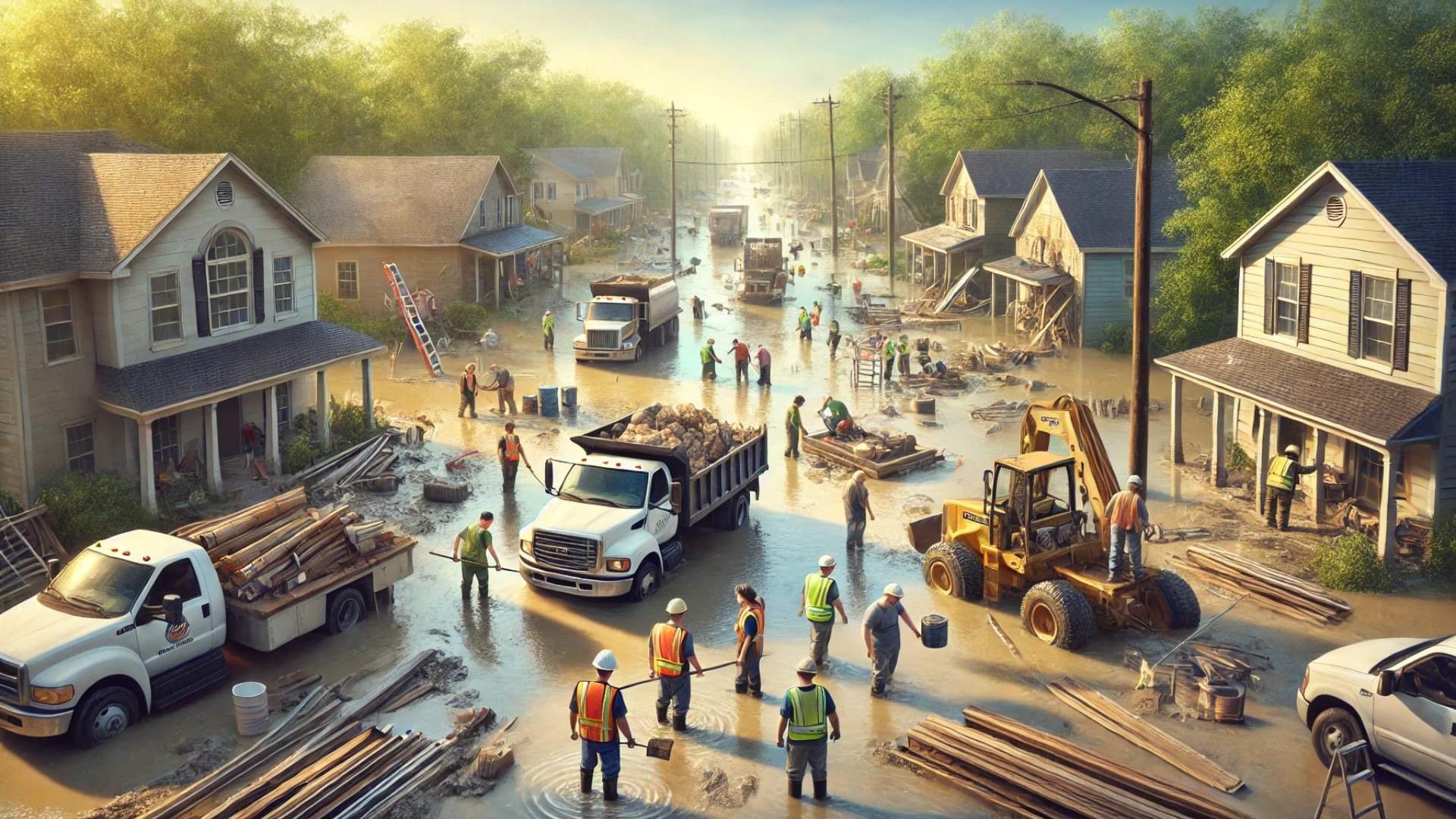 illustrations focused on the post-flood recovery scene in Texas