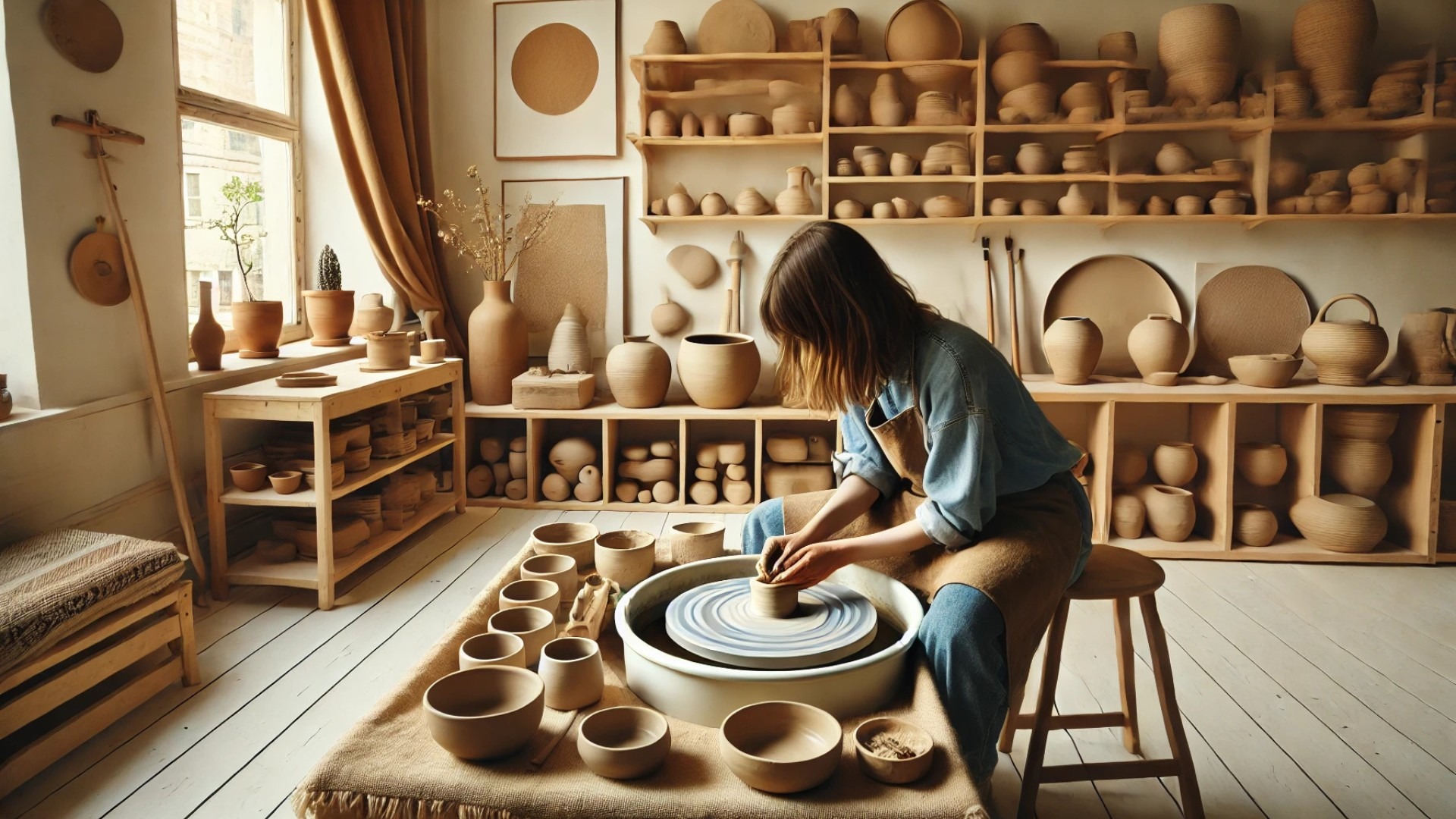 ceramics zone in a Scandinavian-style studio, with the artist and workspace accurately depicted