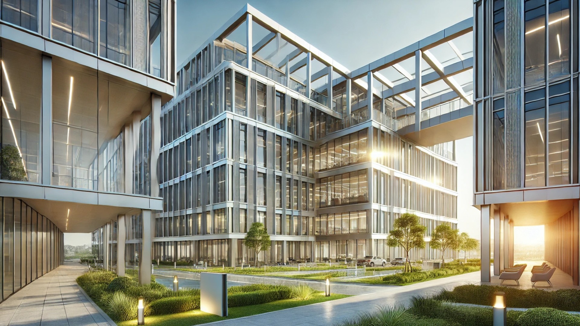 showcasing a modern corporate campus with an aluminum framing system