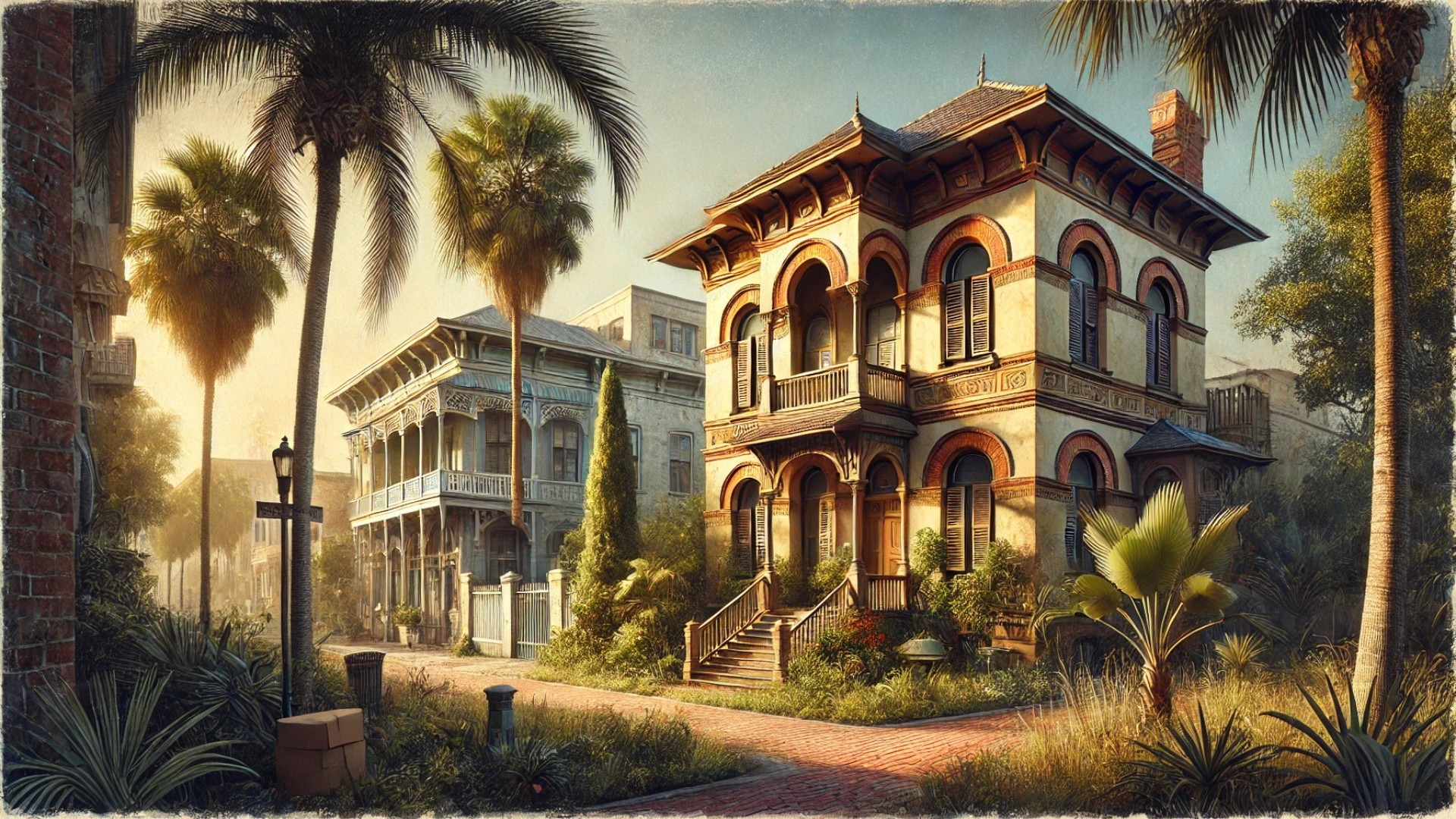 highlighting the contrast between restored and neglected historic buildings in a Florida neighborhood