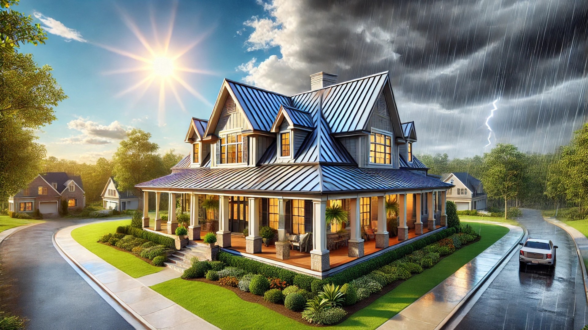 illustration showing a Georgian home with a durable, elegant metal roof—designed to highlight the state’s dramatic and shifting weather patterns