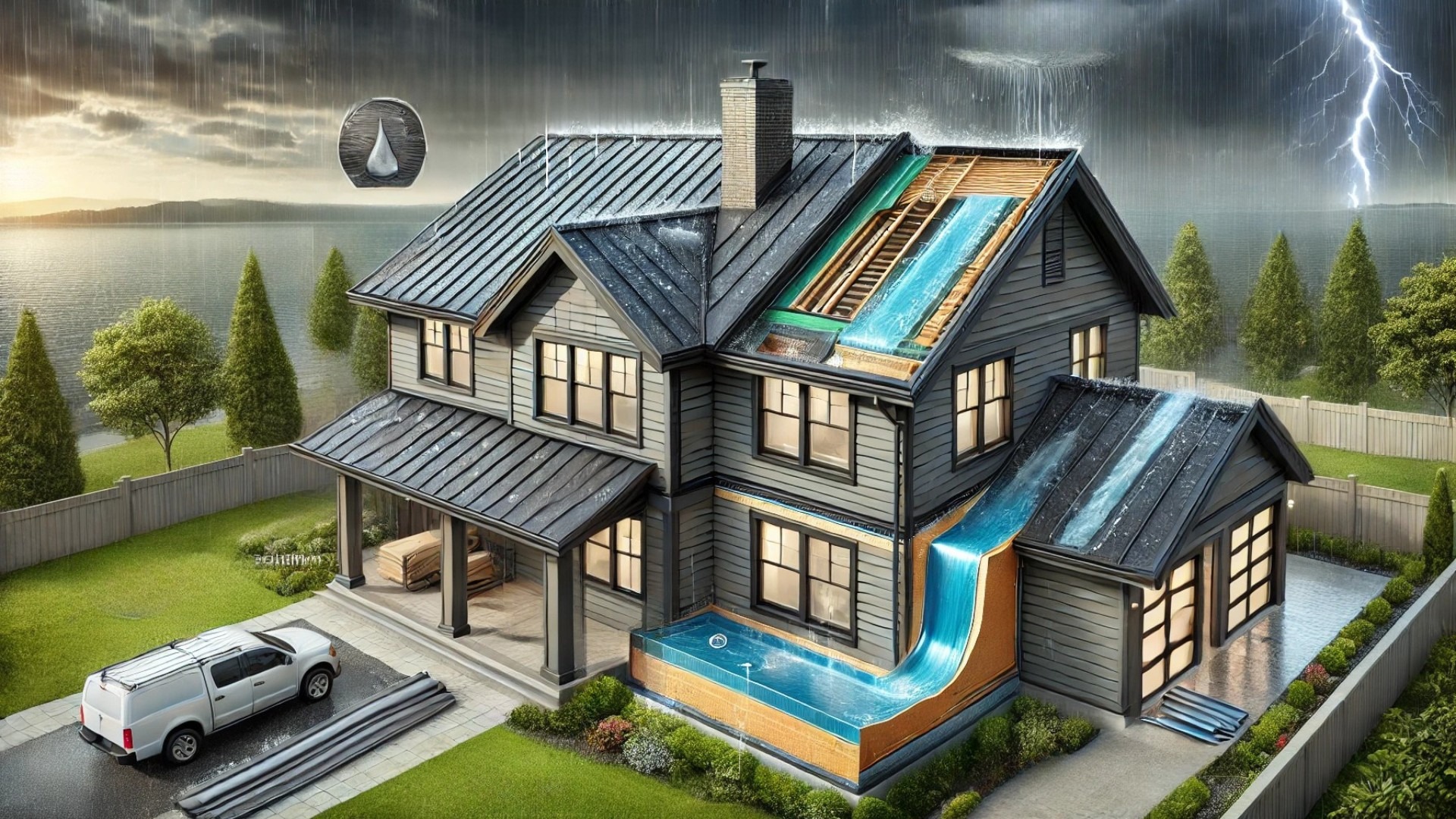 water-resistant roof in action, designed with proper pitch, flashing, and high-performance materials