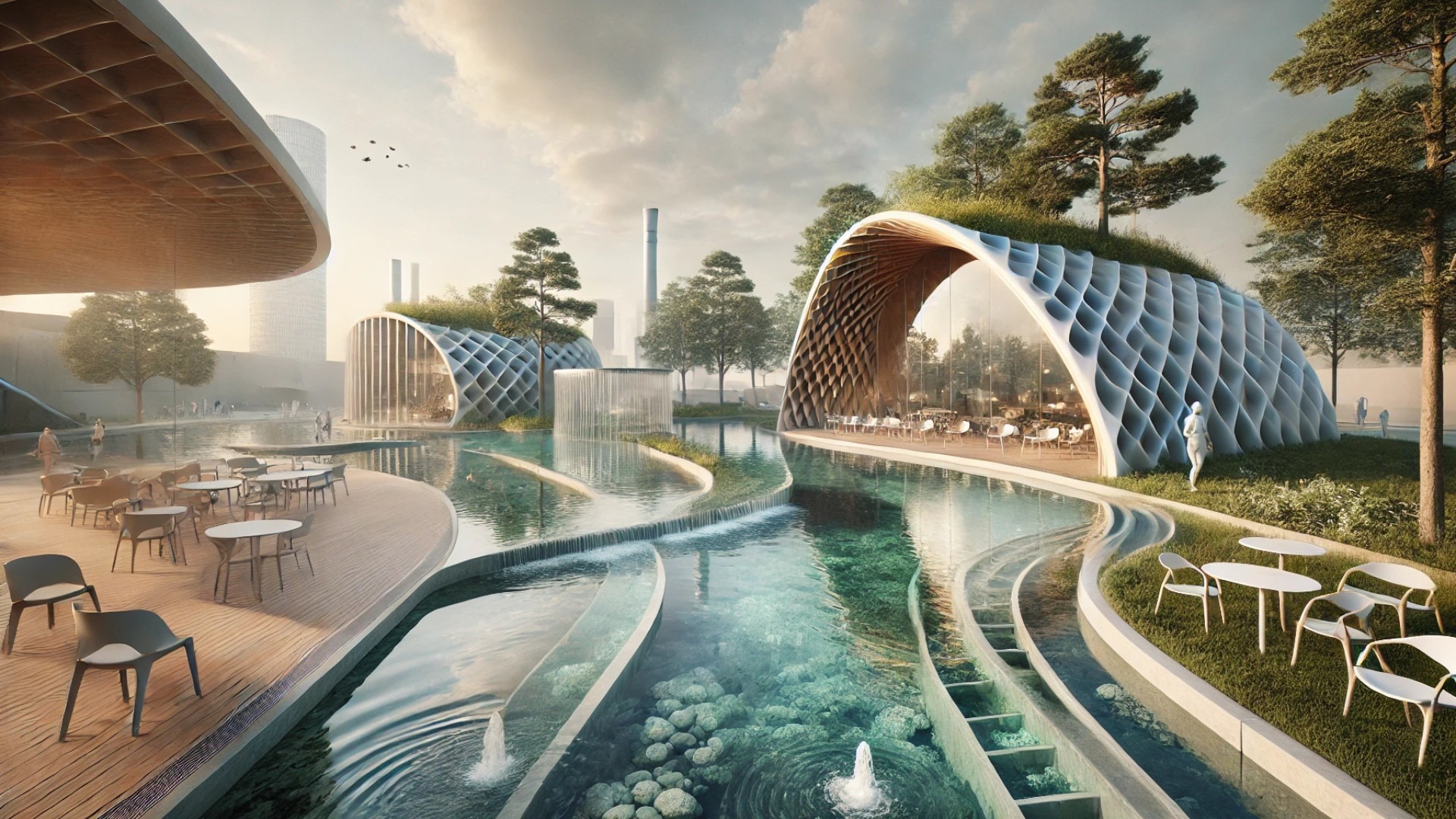 depicting the water-inspired architectural pavilion, blending serene water features with sustainable design at the Venice Architecture Biennale 2025