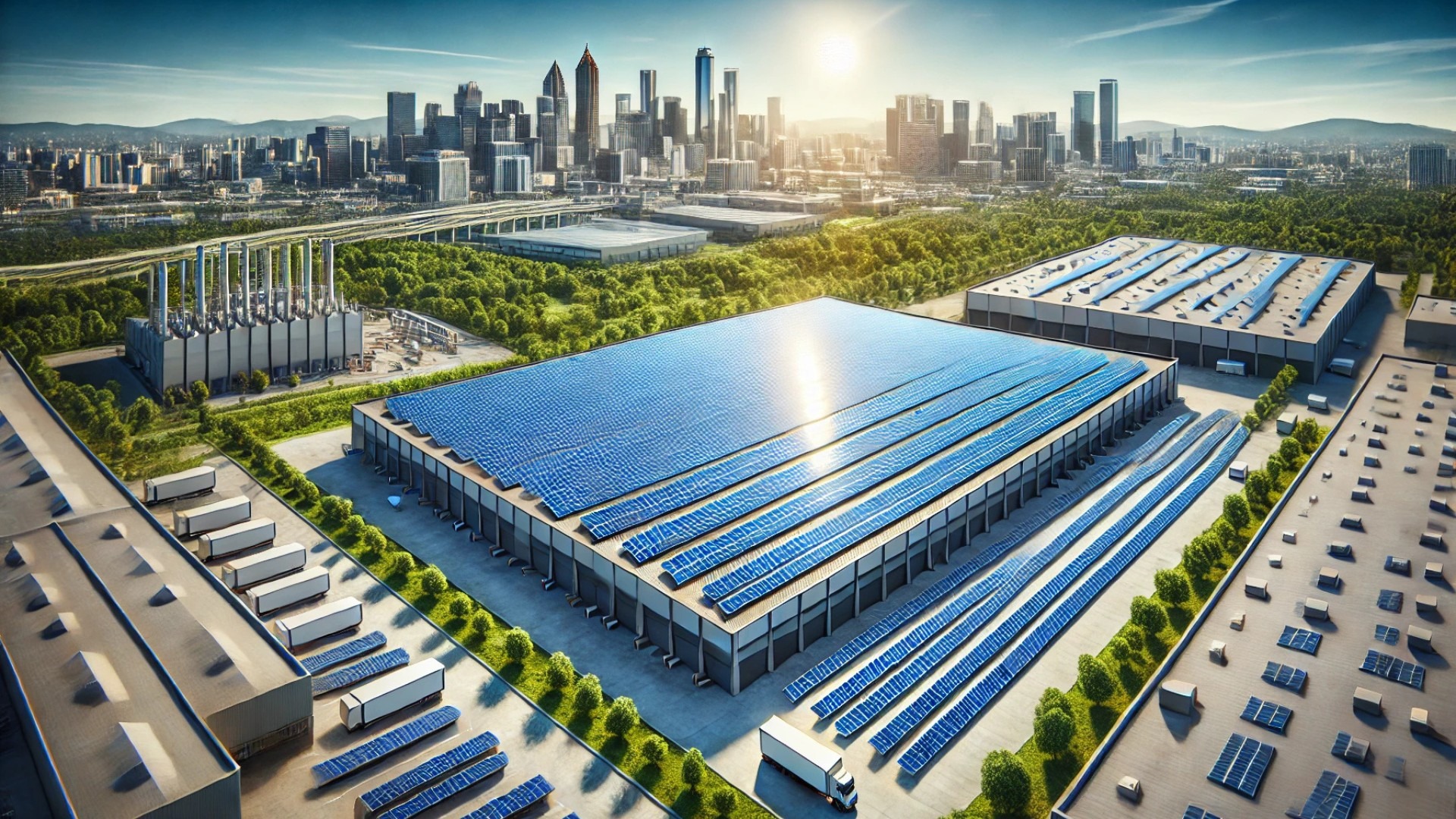 large commercial solar power installation on a modern industrial rooftop in Metro Atlanta, highlighting sustainability and clean energy