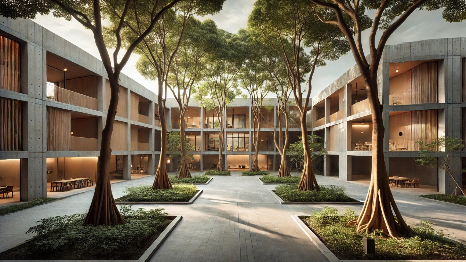 Courtyard under Longan Trees, showing a harmonious blend of architecture and nature with mature longan trees integrated into the residential studio setting