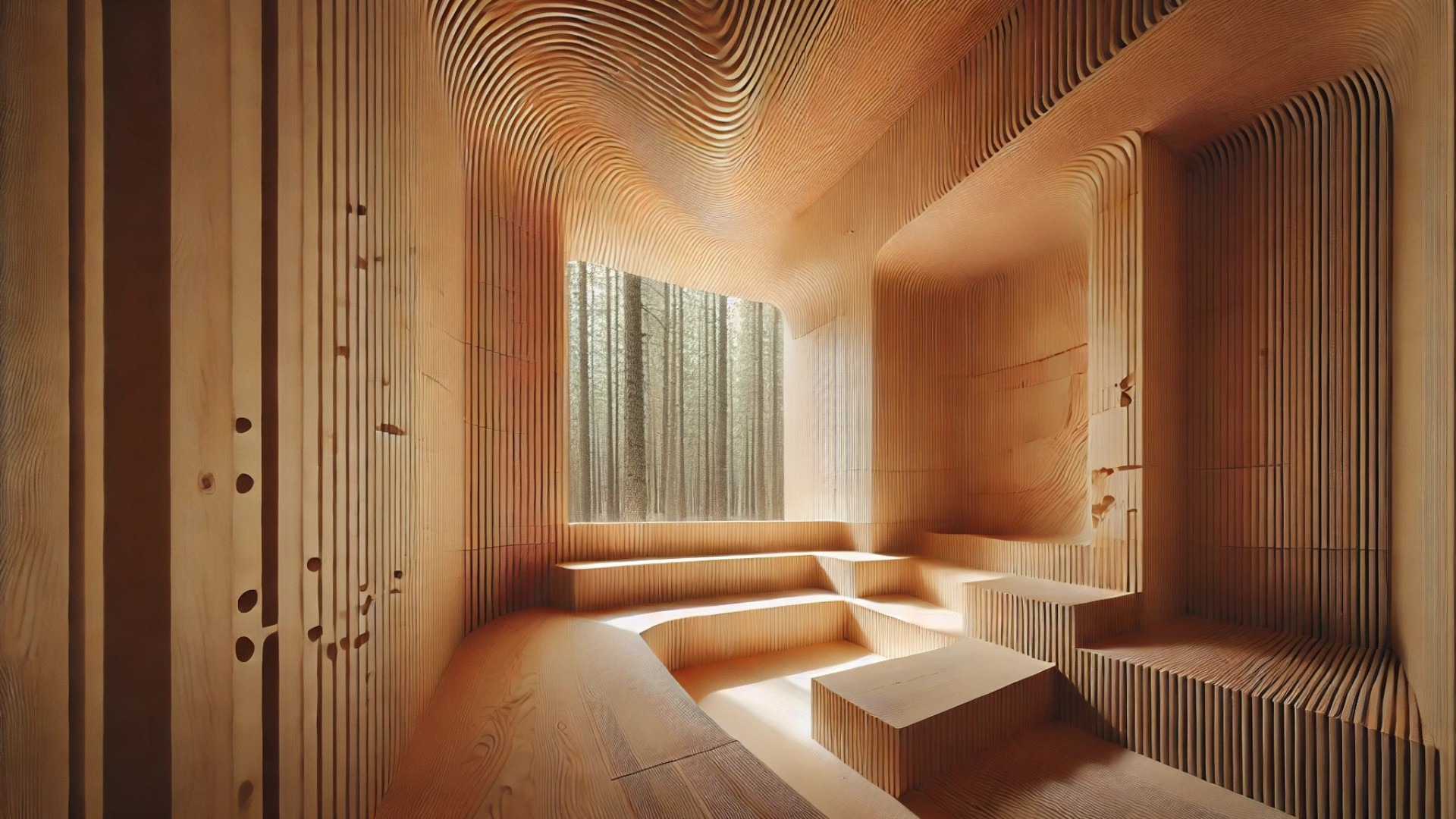 capturing the essence of Faire le Vide: interior view of the laminated cedar structure, showcasing the sculpted wood surfaces, natural lighting, and serene atmosphere