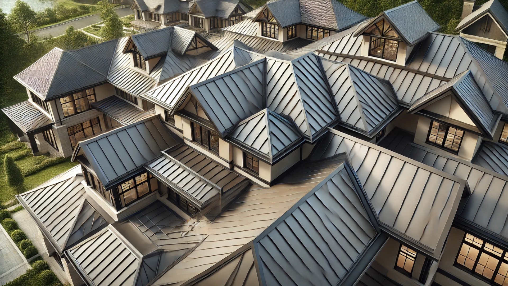 luxurious modern home with a complex, architecturally intricate roof design