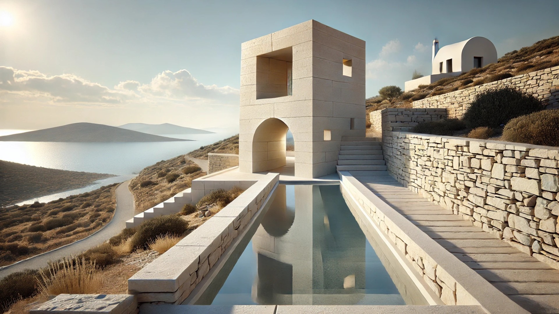entrance of the Slot House, with its dovecote-inspired volume and adjacent linear pool integrated into the hillside
