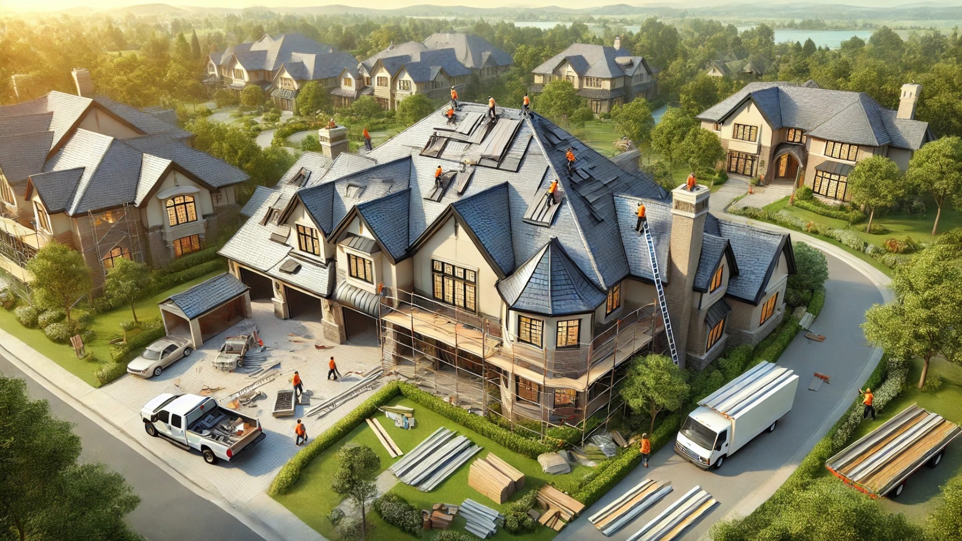 Showing a luxury home undergoing roof replacement. The scene captures architectural complexity, active construction, and a premium residential setting