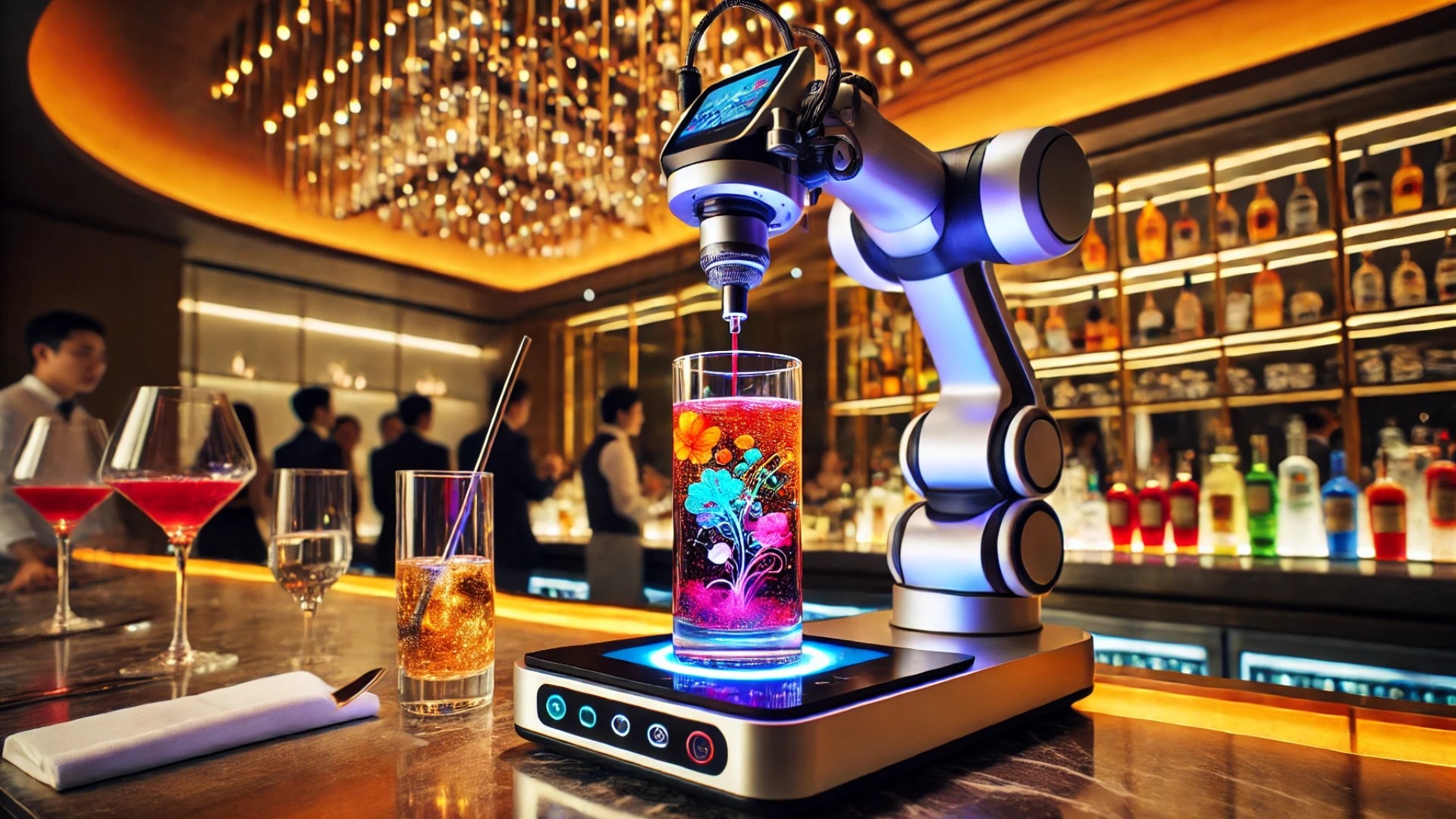 Lidris robot in action—drawing colorful, suspended illustrations inside drinks in a high-end setting