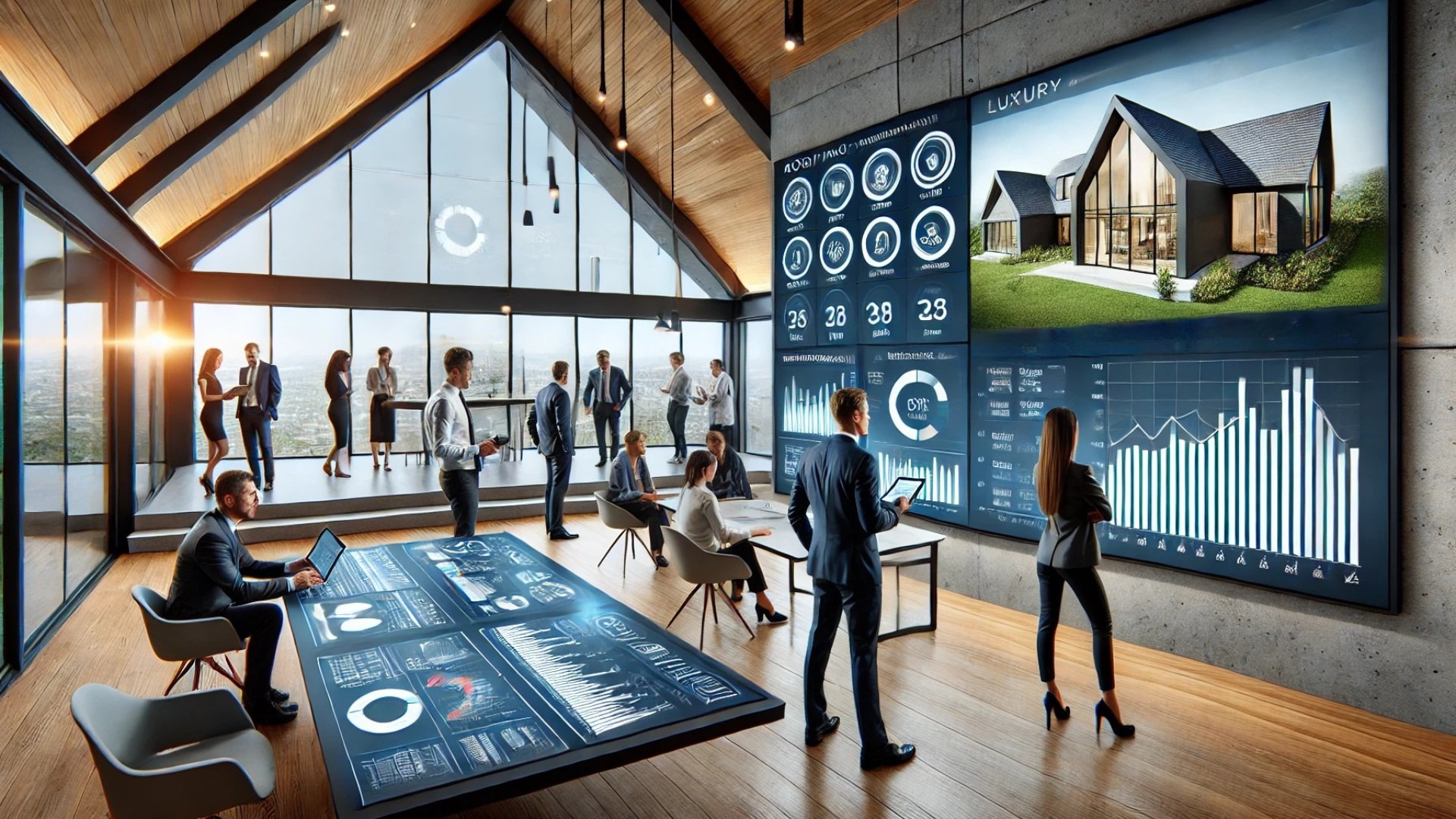 modern, tech-enabled roofing analytics environment, emphasizing luxury property management, sustainability, and real-time data