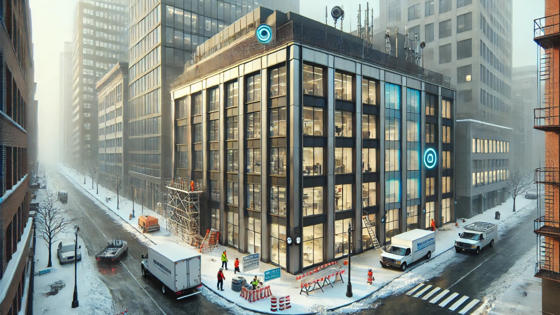 modern office building undergoing preventative maintenance for salt deterioration in a cold urban environment