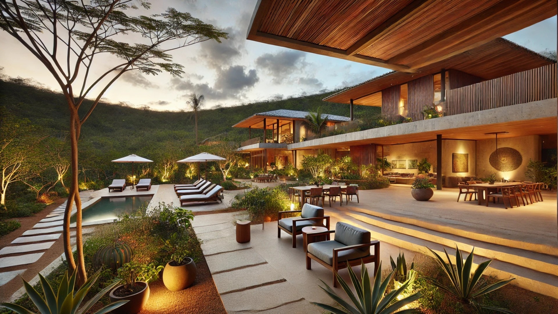 outdoor spaces of the Arajara House, showcasing its integration with the lush natural surroundings and modern, sustainable design elements