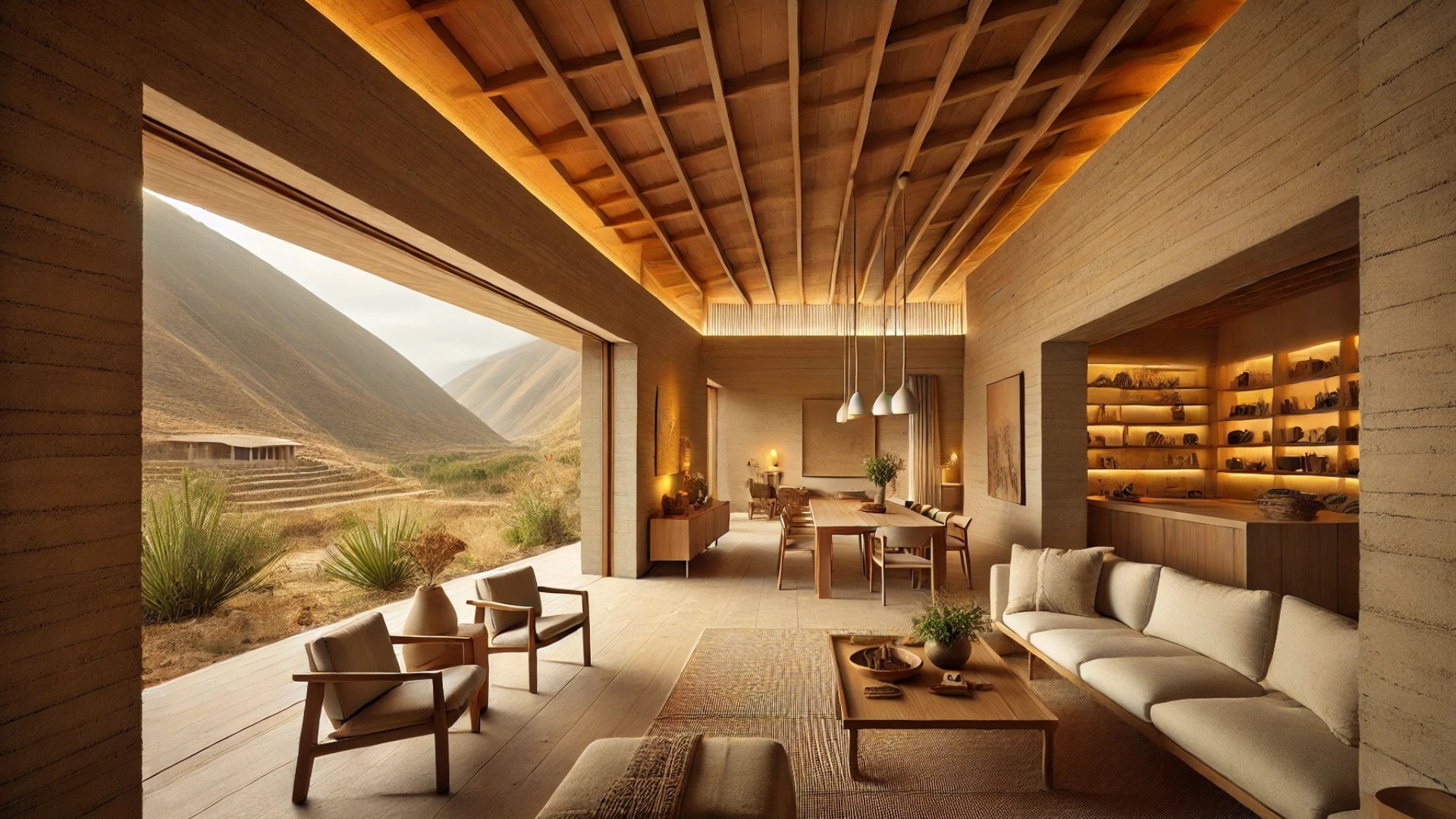 sustainable luxury home in the Andes, focused on the rammed earth design and integration with the natural landscape
