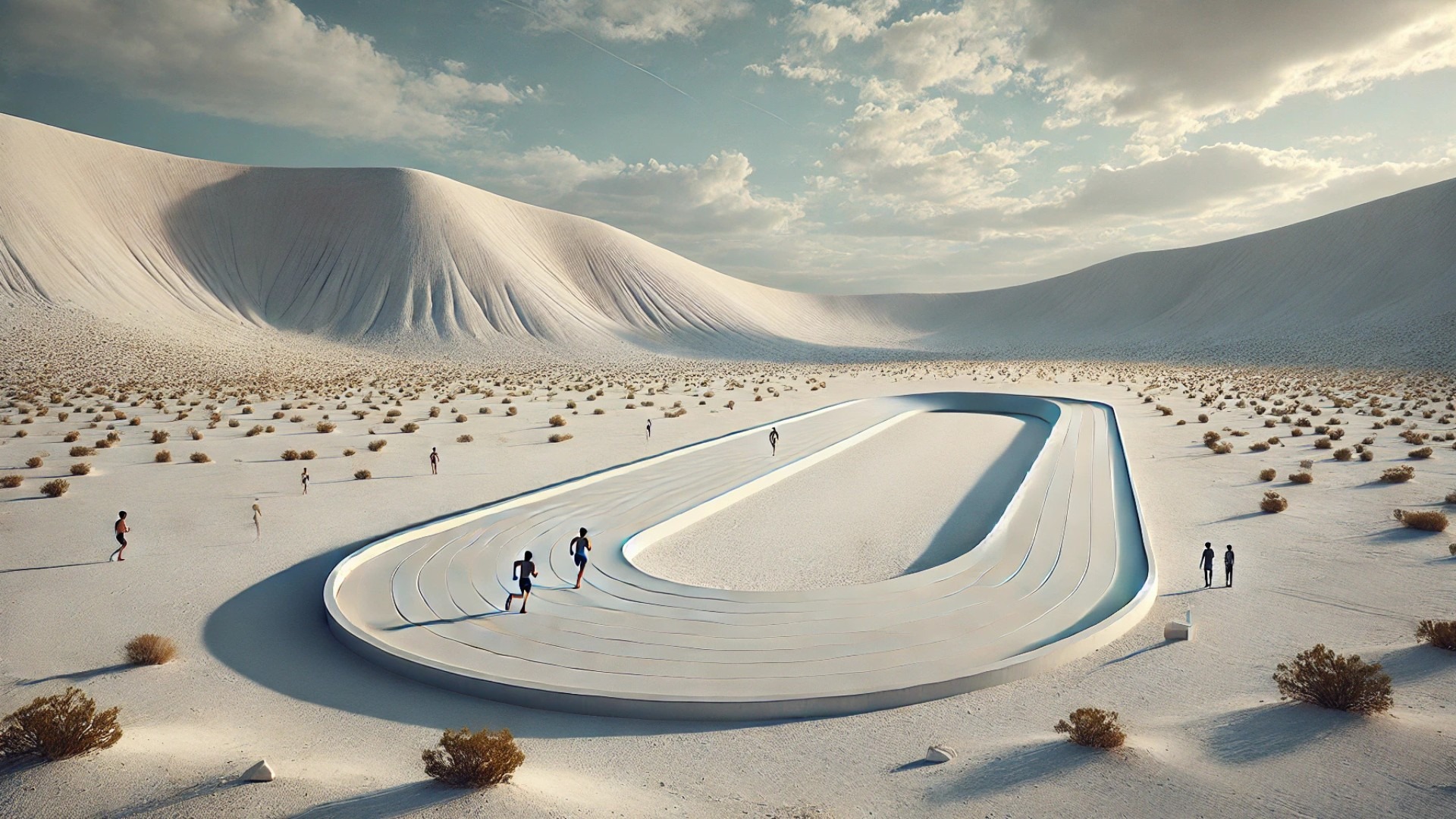 minimalist running track installation in the gypsum mine, blending naturally into the desert landscape near Santa Fe, New Mexico