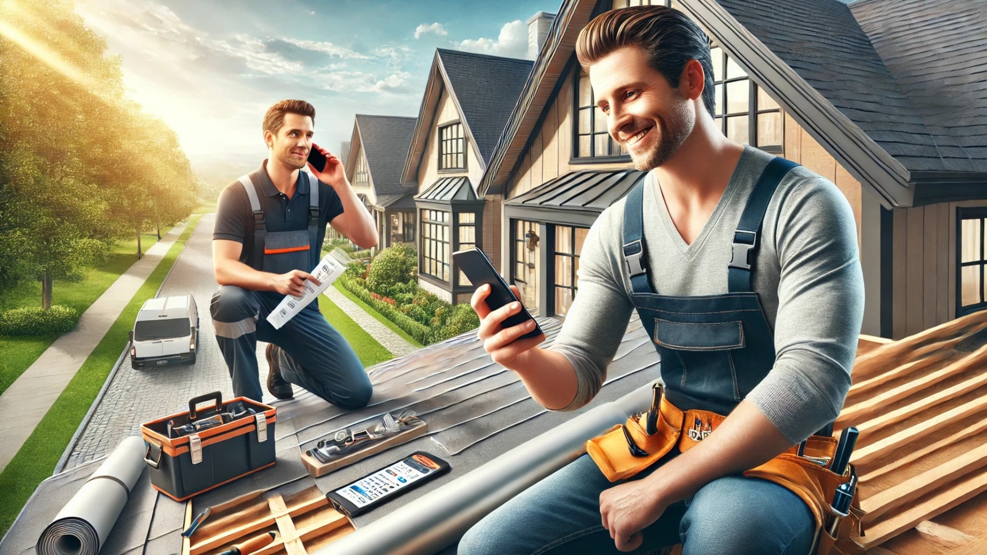 modern roofing contractor using text messaging to communicate with a client, set against the backdrop of an upscale home