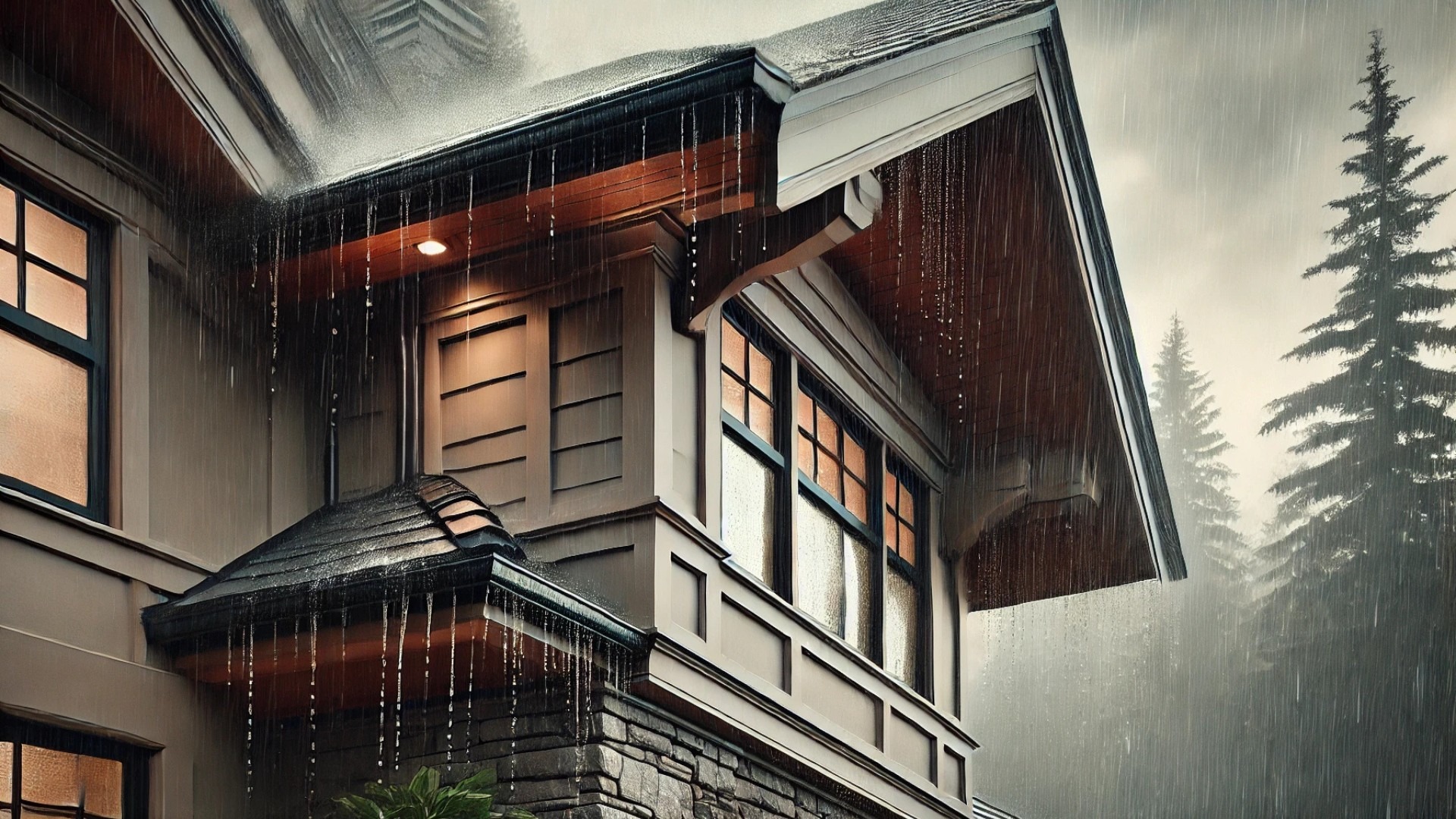 highlighting the architectural elegance and protective function of roof overhangs in a luxury home setting