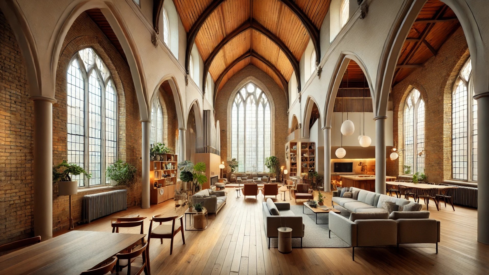 interior of the Junction Semi House, a modern multi-generational home created within a converted church in Toronto