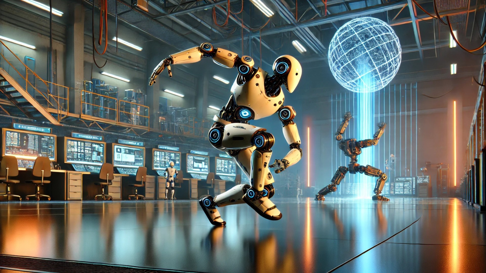 advanced humanoid robots, showing the Unitree R1 in dynamic motion in a sleek, high-tech lab environment