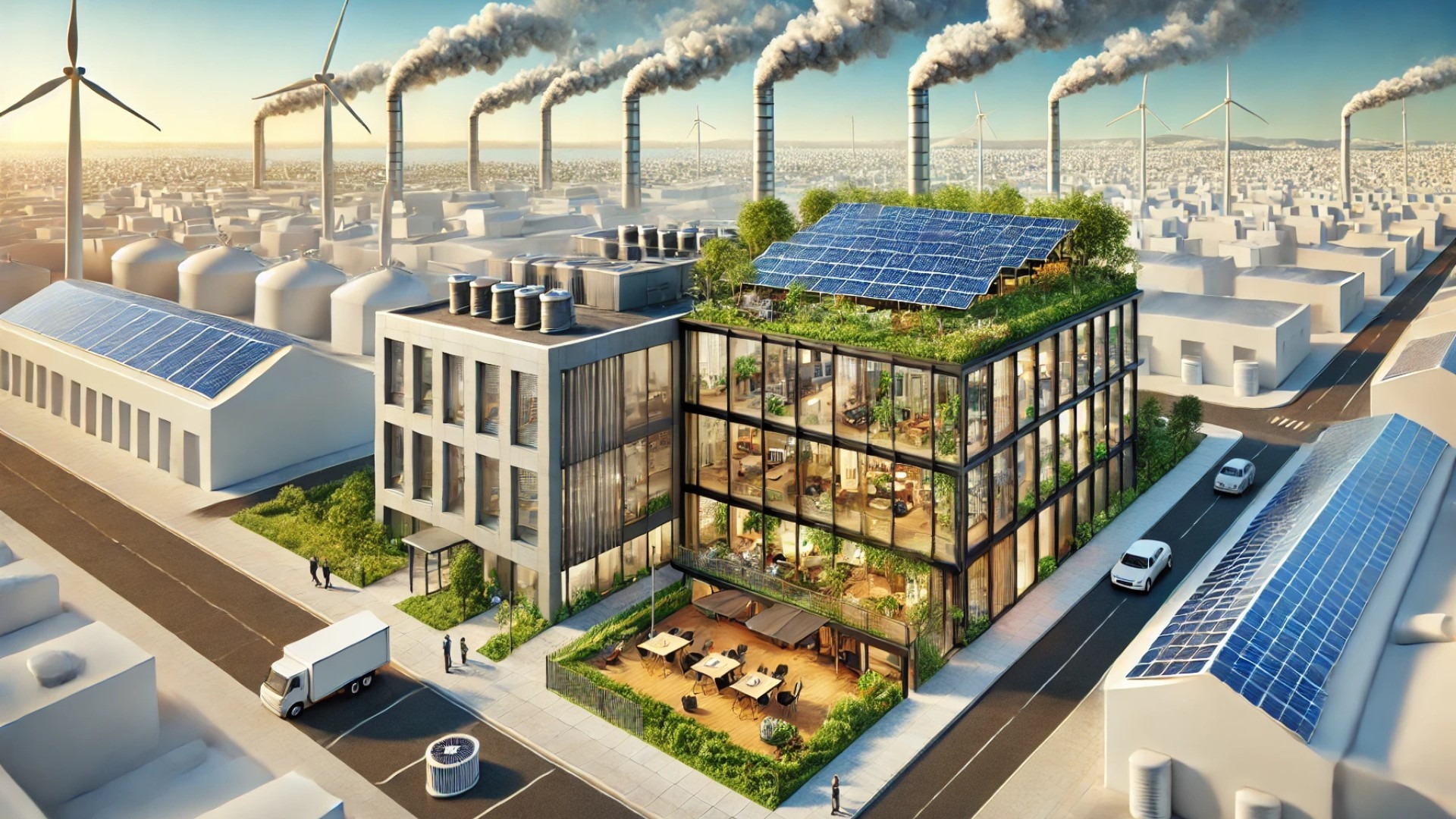 illustration showing the contrast between a sustainable modern building and a traditional fossil-fuel-powered structure, highlighting the impact on operational carbon emissions