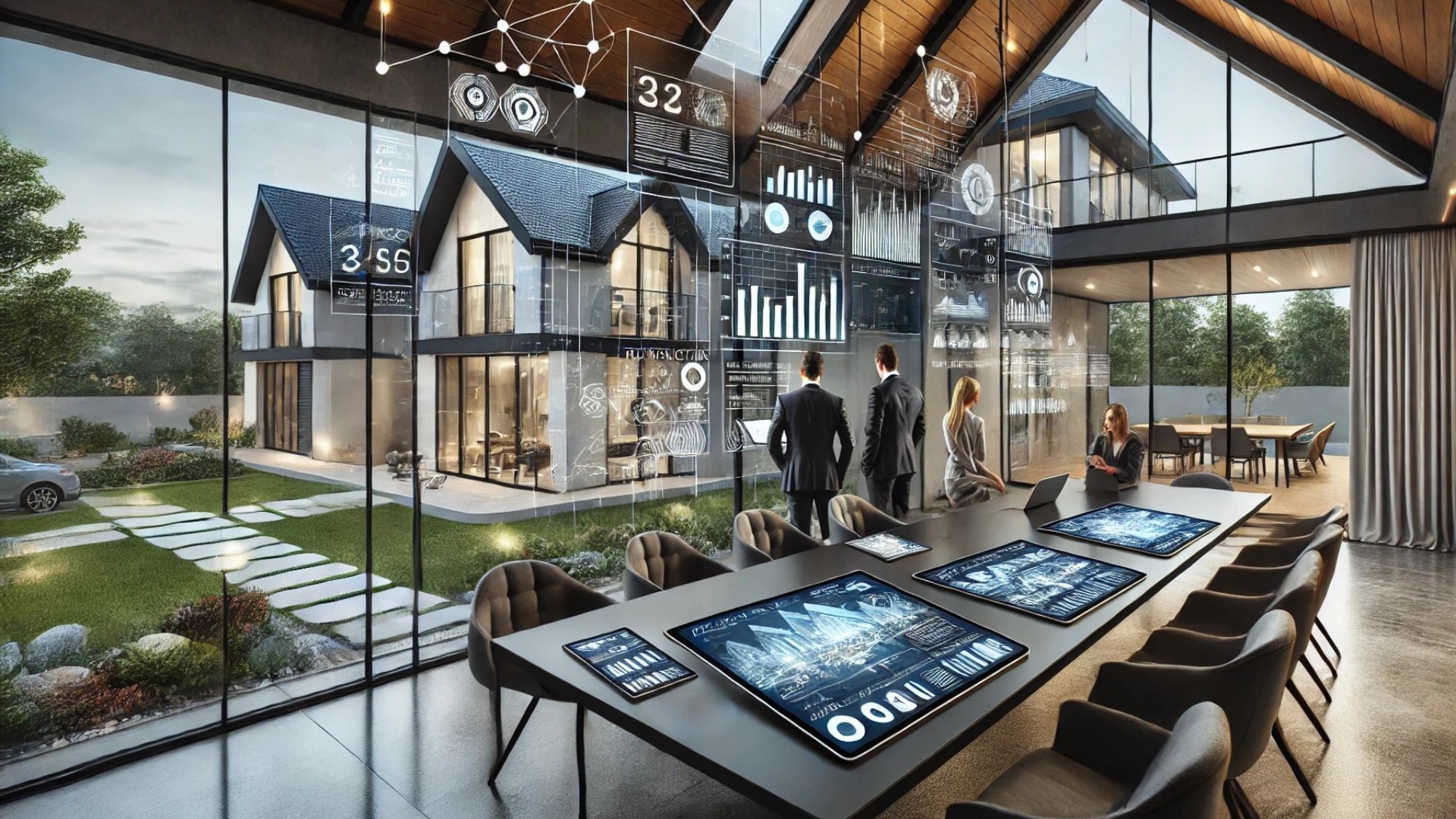 illustration reflecting the integration of advanced data analytics in a modern architectural office, emphasizing roofing solutions for high-value properties