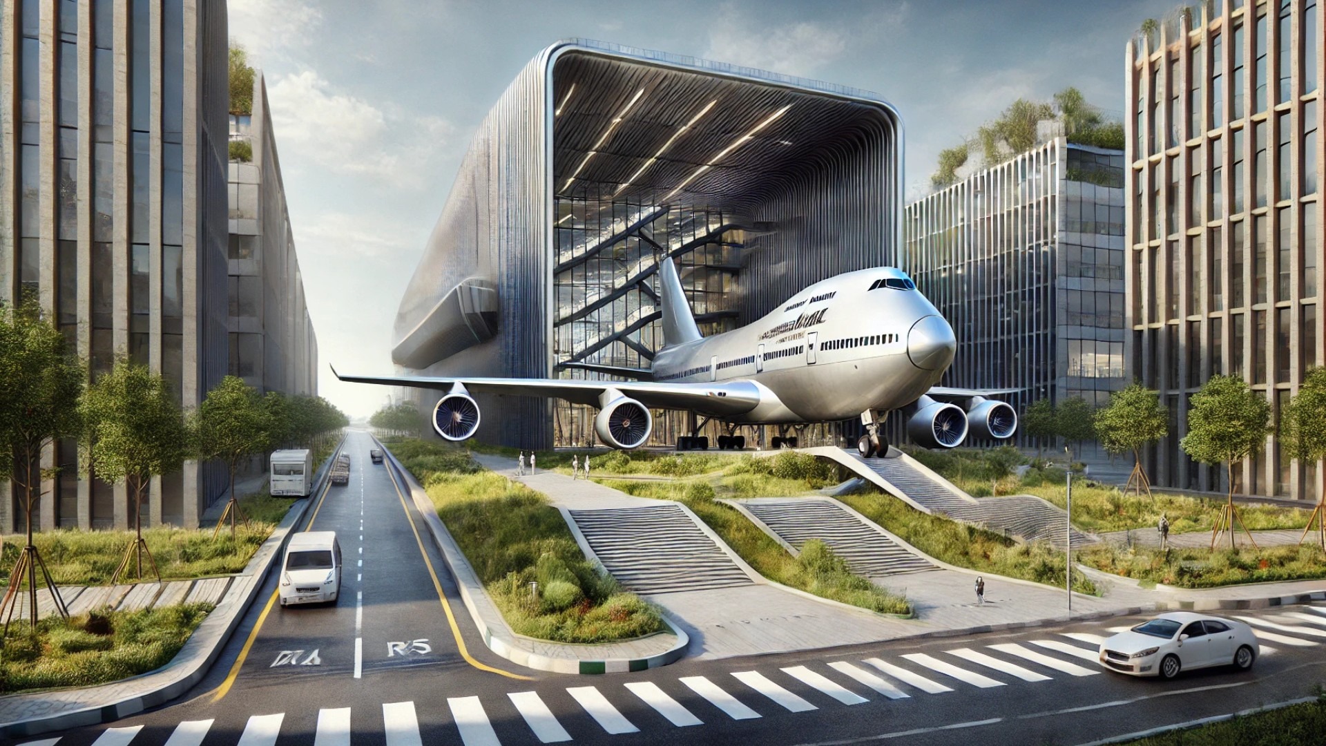 AVA Communications Building, incorporating the decommissioned airplane and modern industrial design