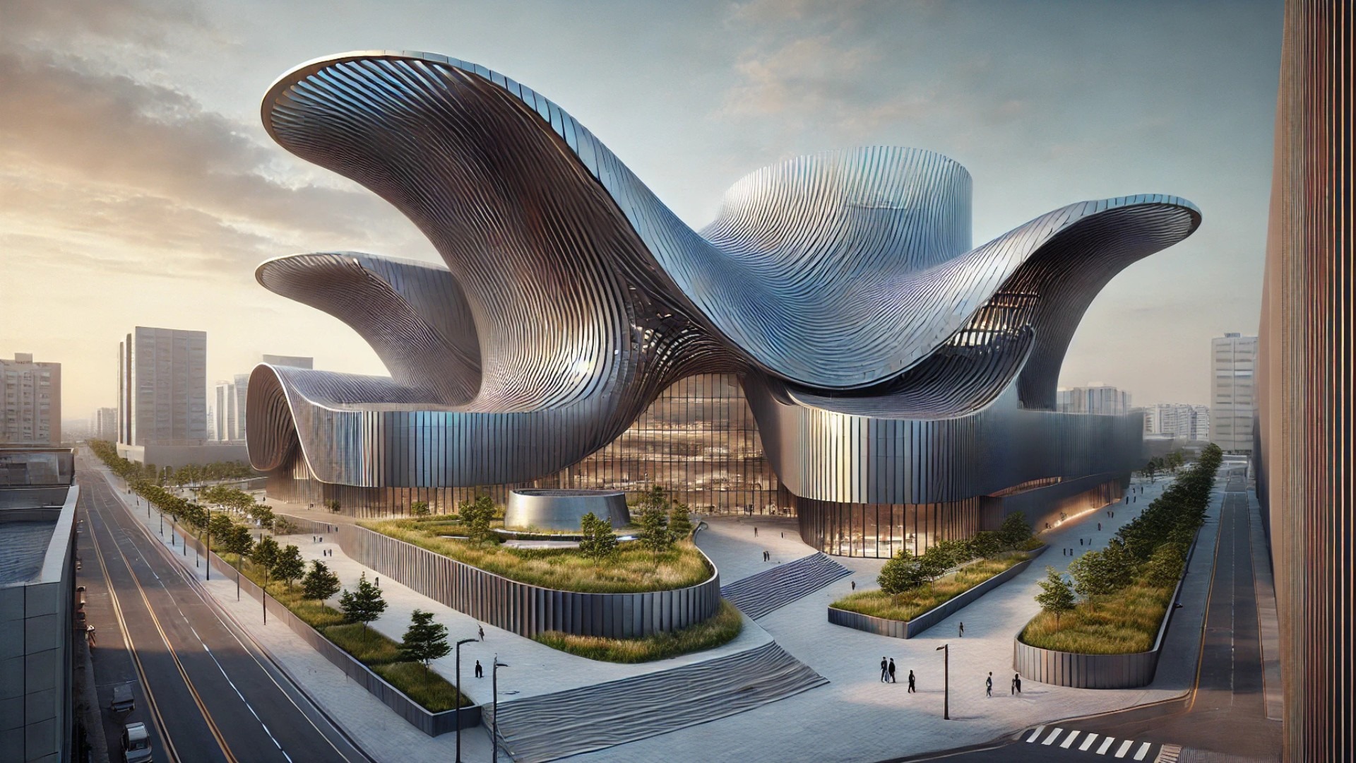 Park1538 museum in Gwangyang, South Korea, showcasing its fluid steel architecture and landscaped public plaza