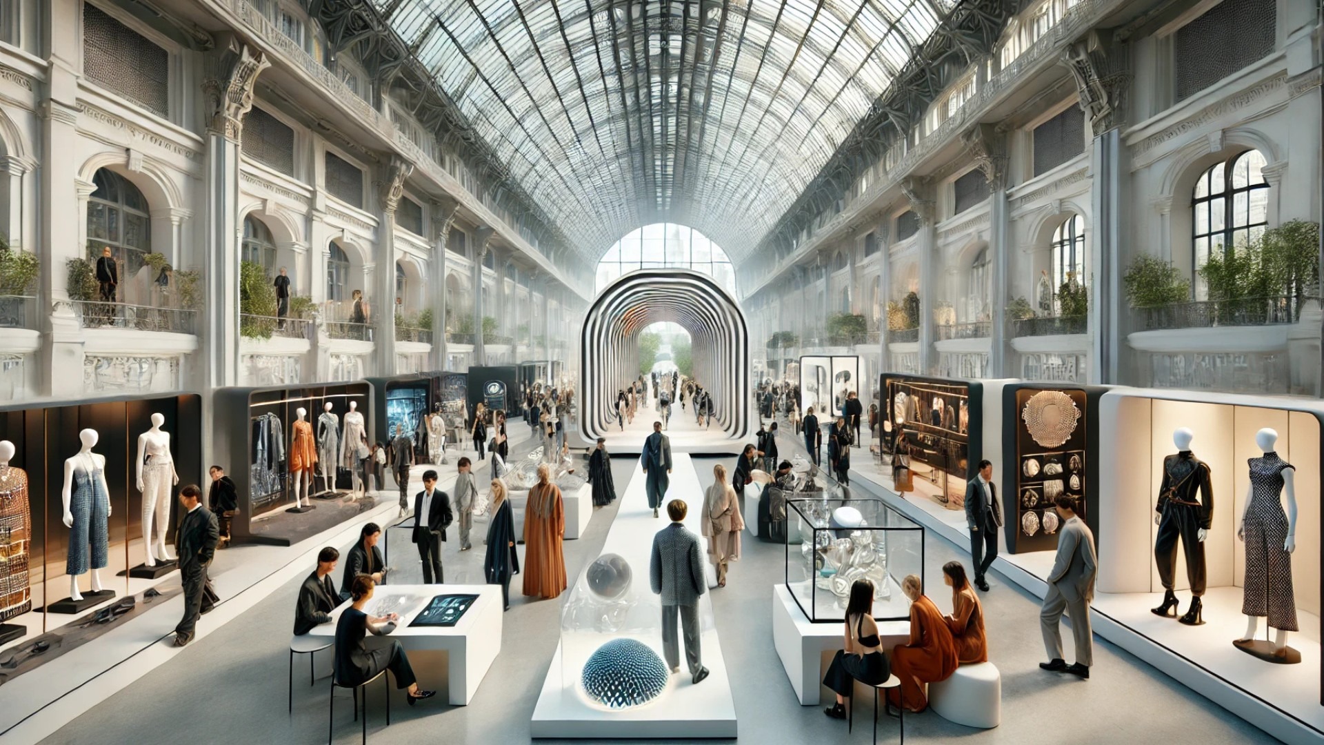 capturing the spirit of the Première Vision Paris 2025 fashion exhibition—highlighting sustainability, innovation, and international collaboration in a striking, modern setting