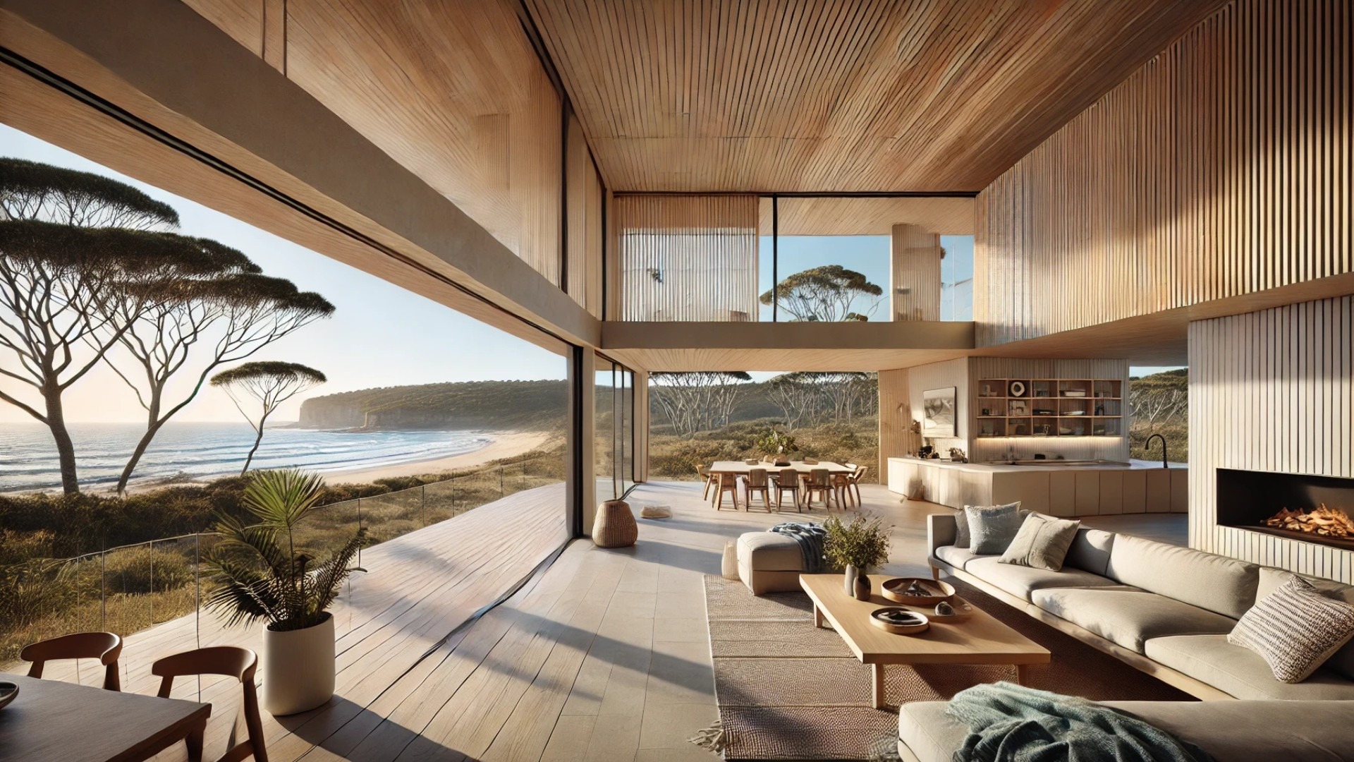 highlighting the open interior spaces, expansive windows, and the seamless indoor-outdoor connection of the Bawley Point 01 House