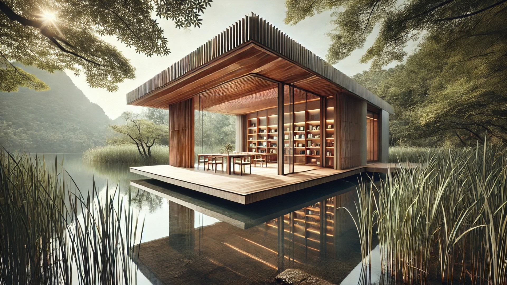 focusing on the sunken pavilion within the Xixi Goldmye Bookstore