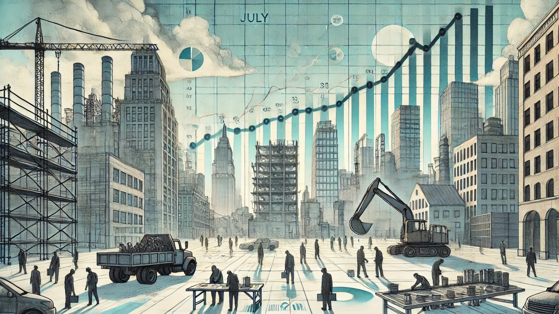 illustration symbolizing the state of the U.S. labor market in July, depicting an abstract representation of economic slowdown, with subtle signs of resilience and strategic planning amidst uncertainty