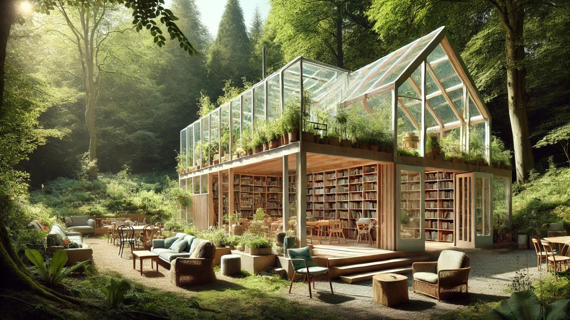 capturing the spirit of the Reading Room in the Forest—an eco-conscious, artful pavilion harmonizing with its lush arboretum surroundings