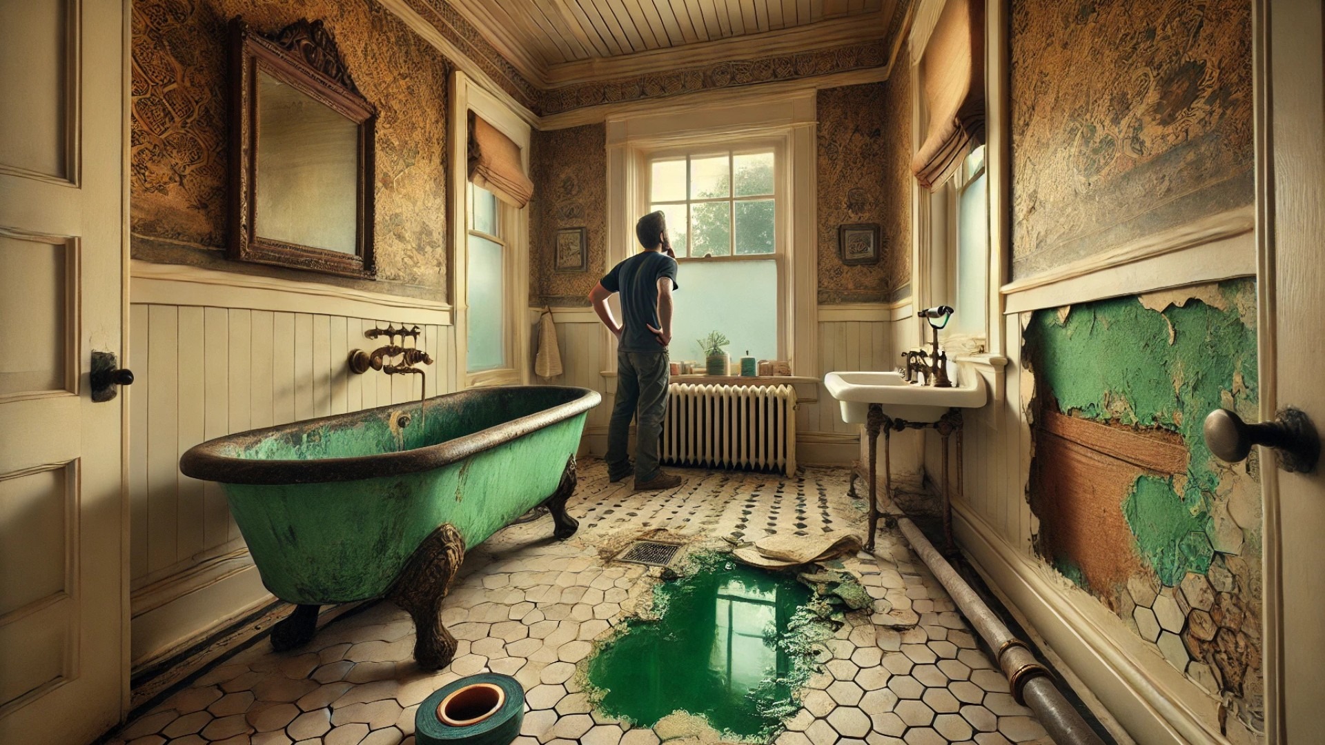 capturing the quiet intrigue of a vintage bathroom mid-renovation, with the green copper stain hinting at its hidden history