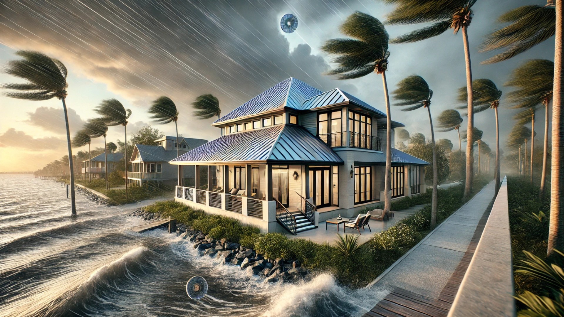 hurricane-resilient coastal home, just before a storm hits