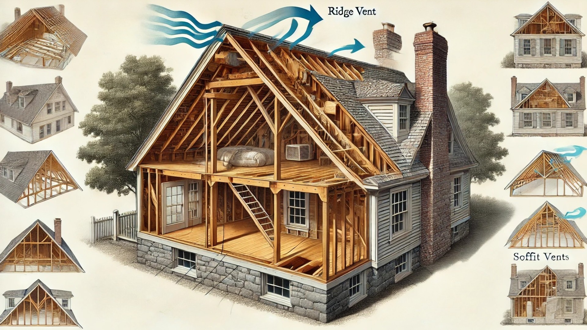 detailed cutaway illustration showing attic ventilation through both soffit and ridge vents