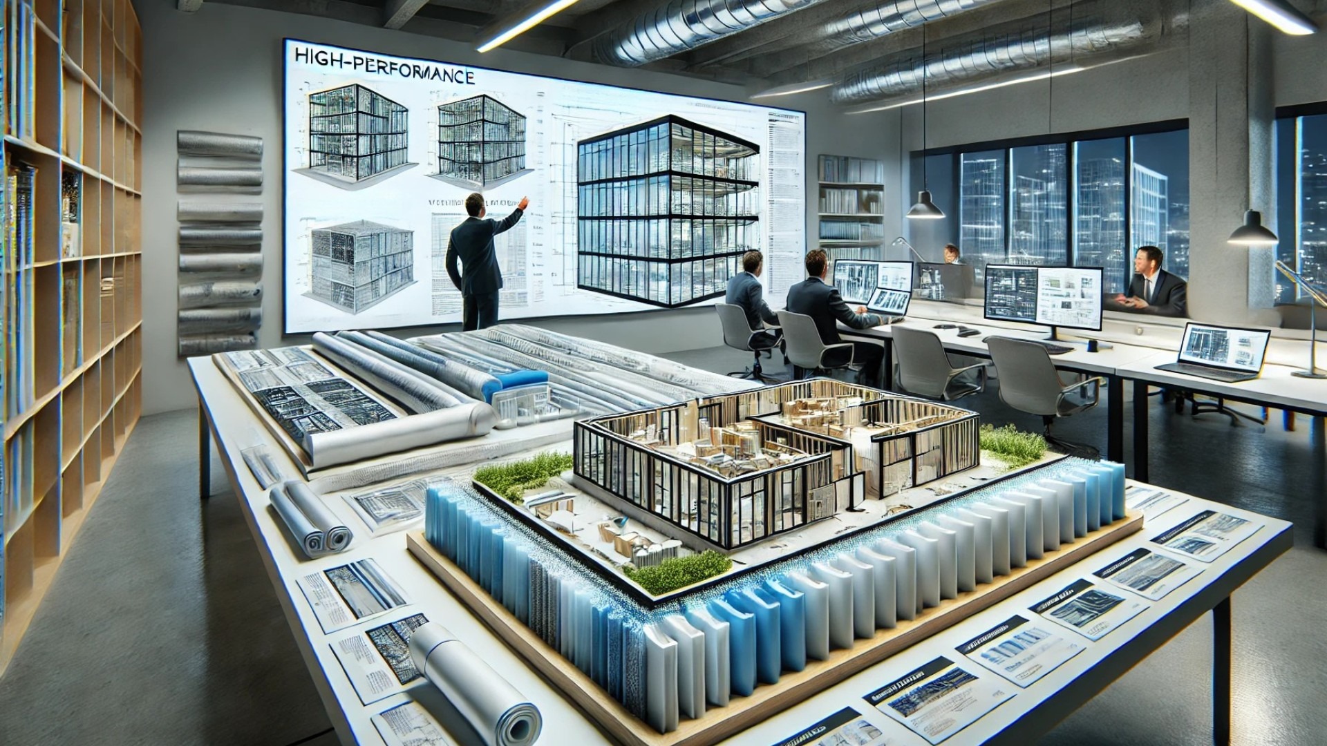 highlighting vapor barriers within detailed wall assembly mock-ups, set in a modern architectural studio