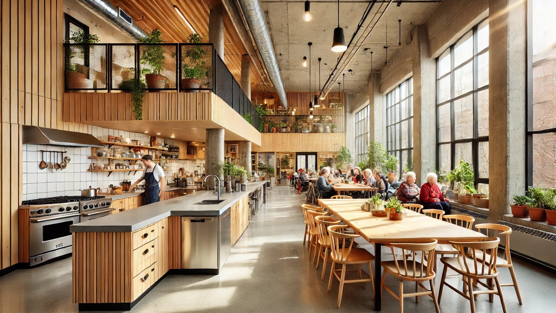 communal kitchen at Coop Milieu de l'Île, highlighting its warm, inclusive, and eco-conscious design