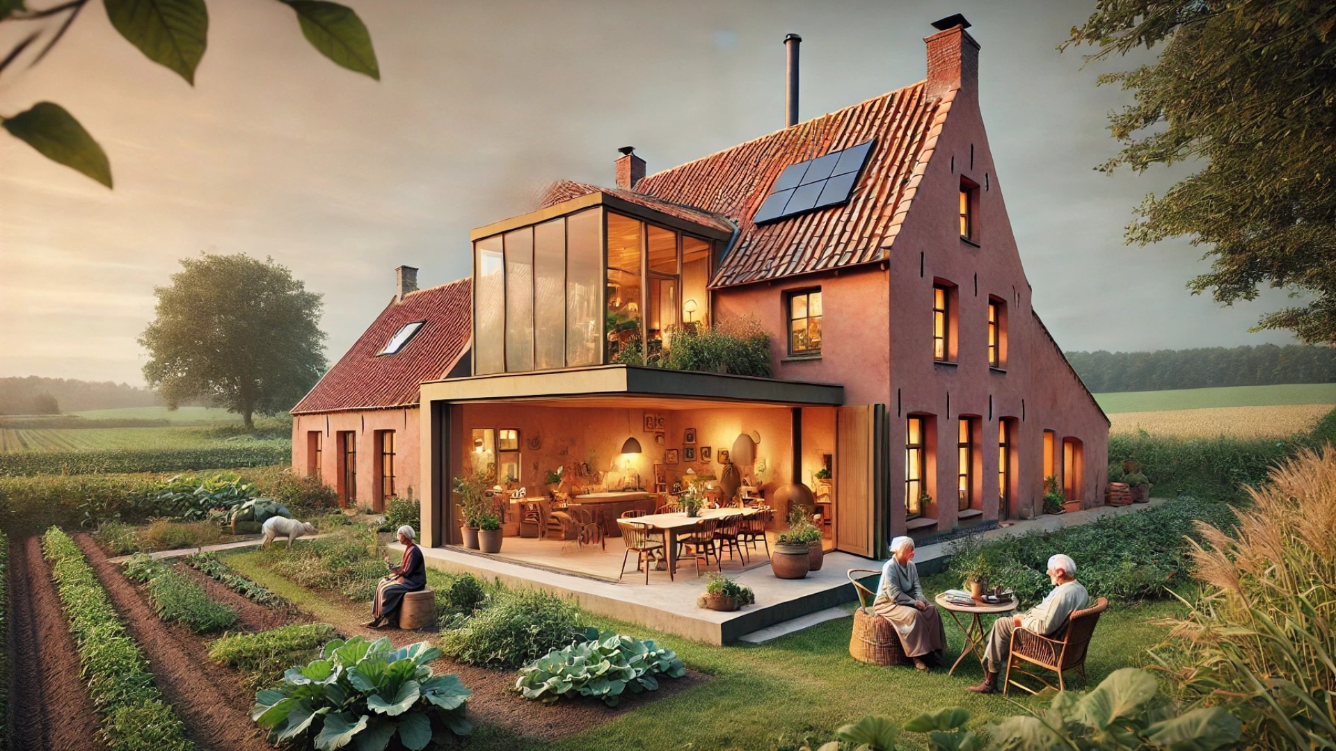 Omloop Farmhouse in Pajottenland, beautifully capturing its sustainable renovation, communal atmosphere, and blend of tradition with contemporary design