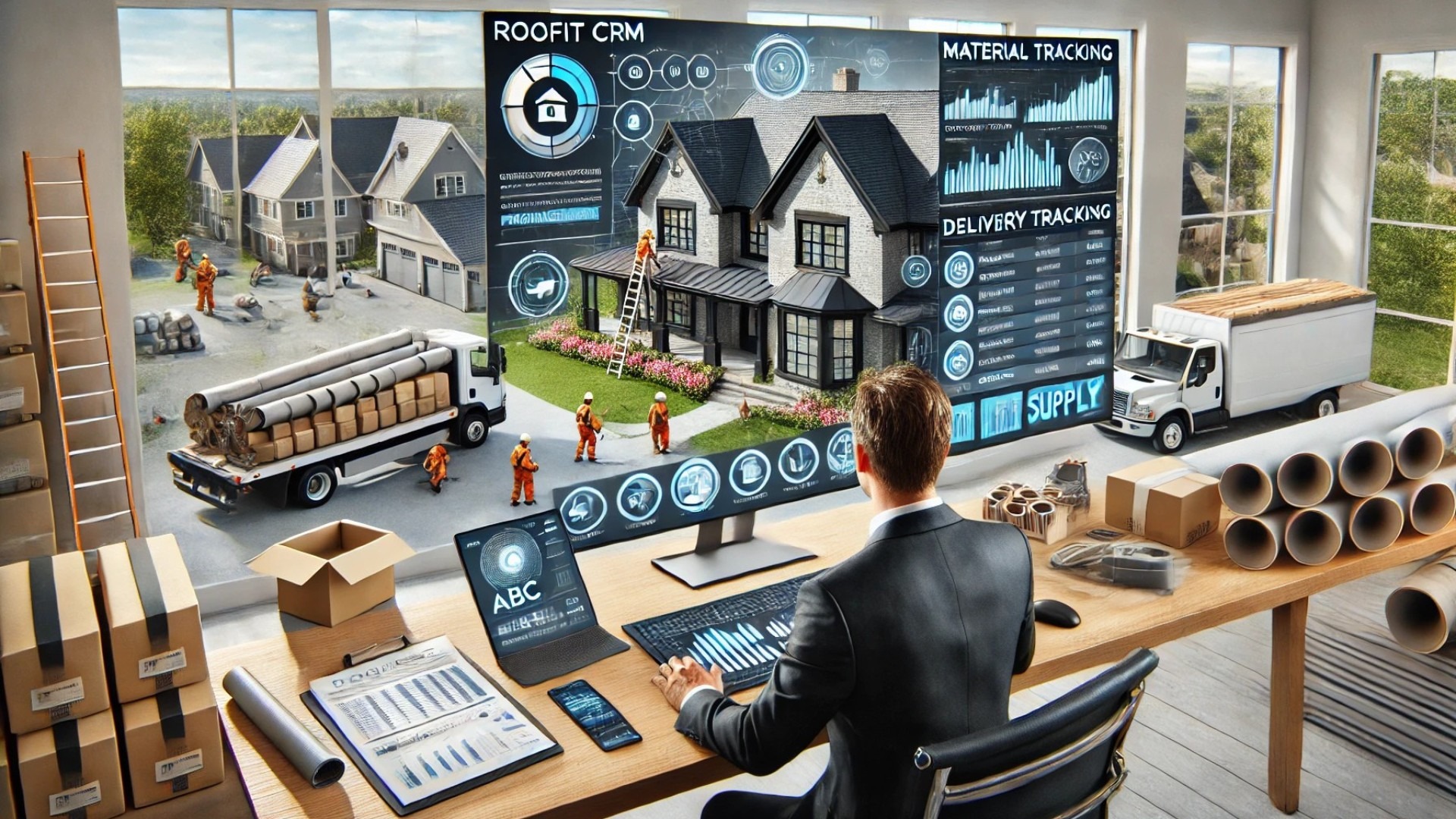 visualizing the integration of digital platforms in a high-value roofing project—showcasing the fusion of technology, efficient project management, and luxury property care
