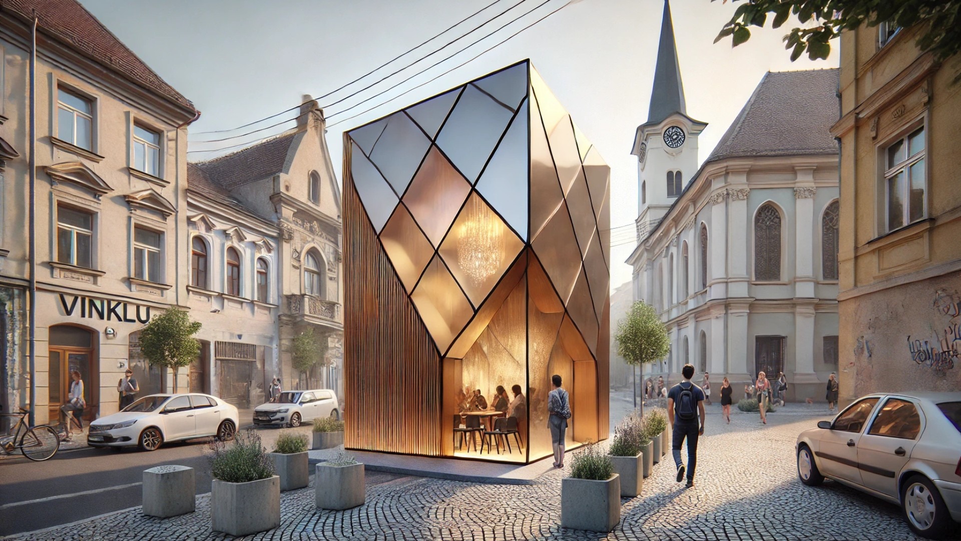illustration of the Chapel Jewel-Box Intervention in Bârlogeni, Romania, capturing its compact elegance and transformative urban presence