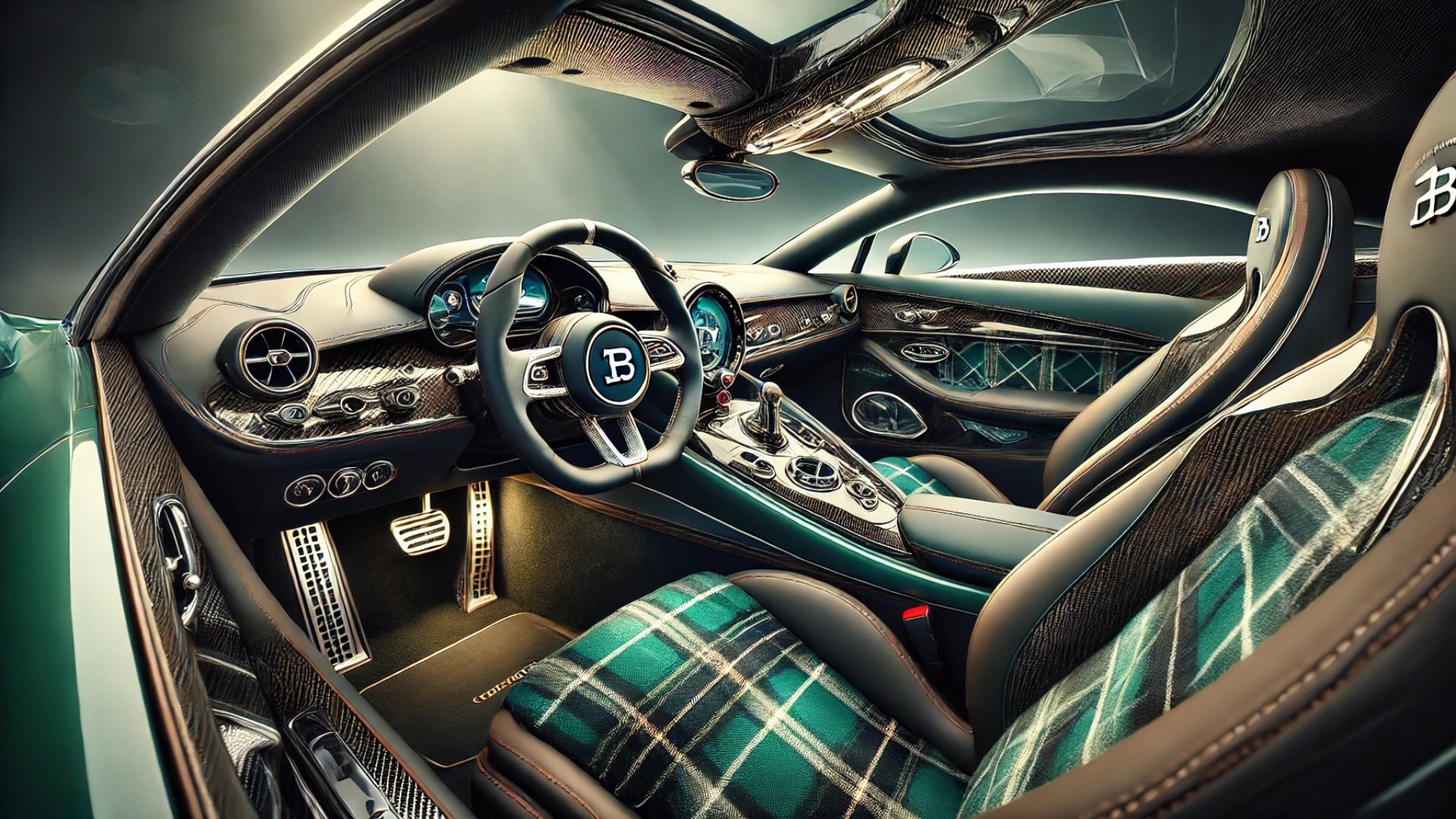 interior of the Bugatti Brouillard coupe, capturing the rich materials, elegant lighting, and sculptural details that define its bespoke cabin