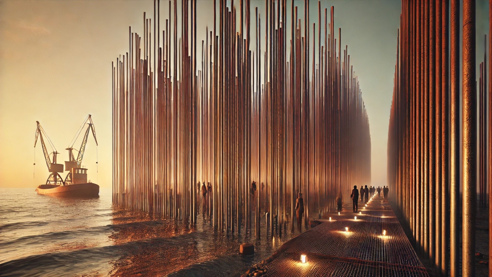 Iron Reef installation, capturing its kinetic steel forms, riverside setting, and glowing pathway at dusk