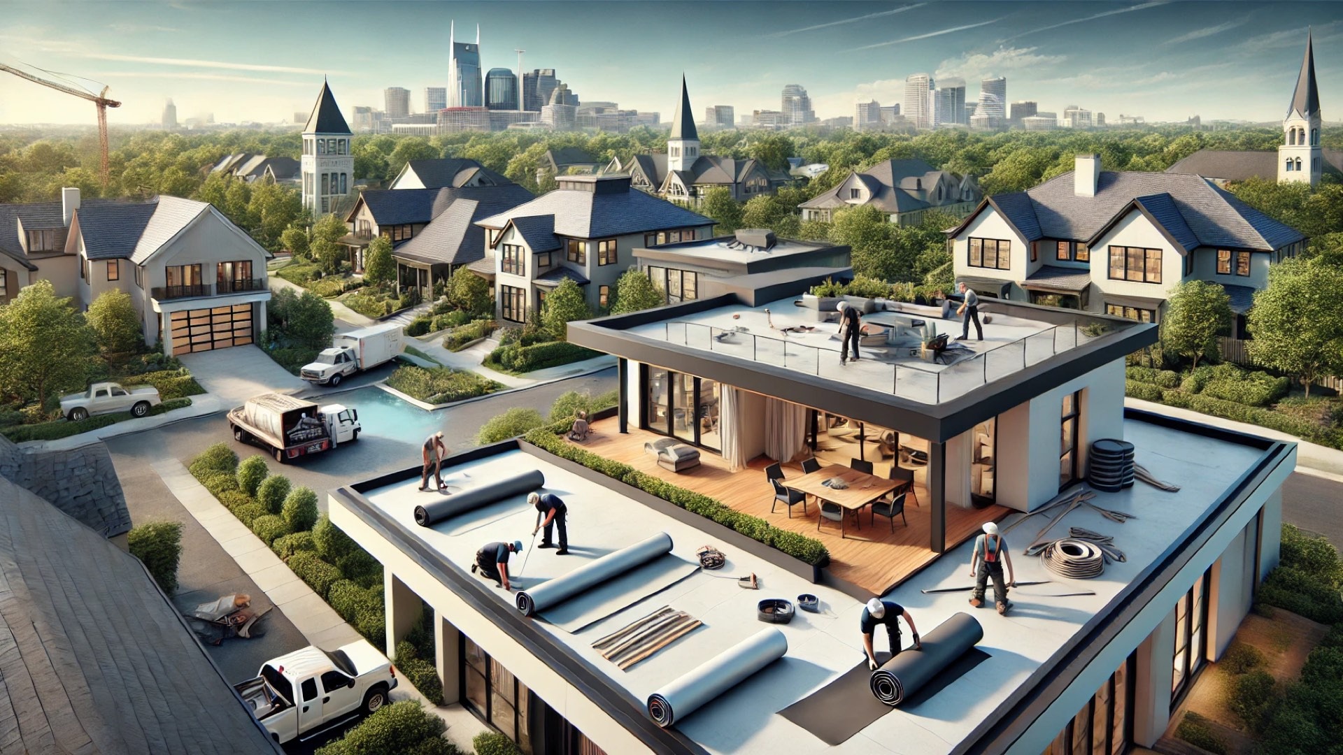 luxury Nashville home receiving a high-quality flat roofing installation, capturing both craftsmanship and refined design integration