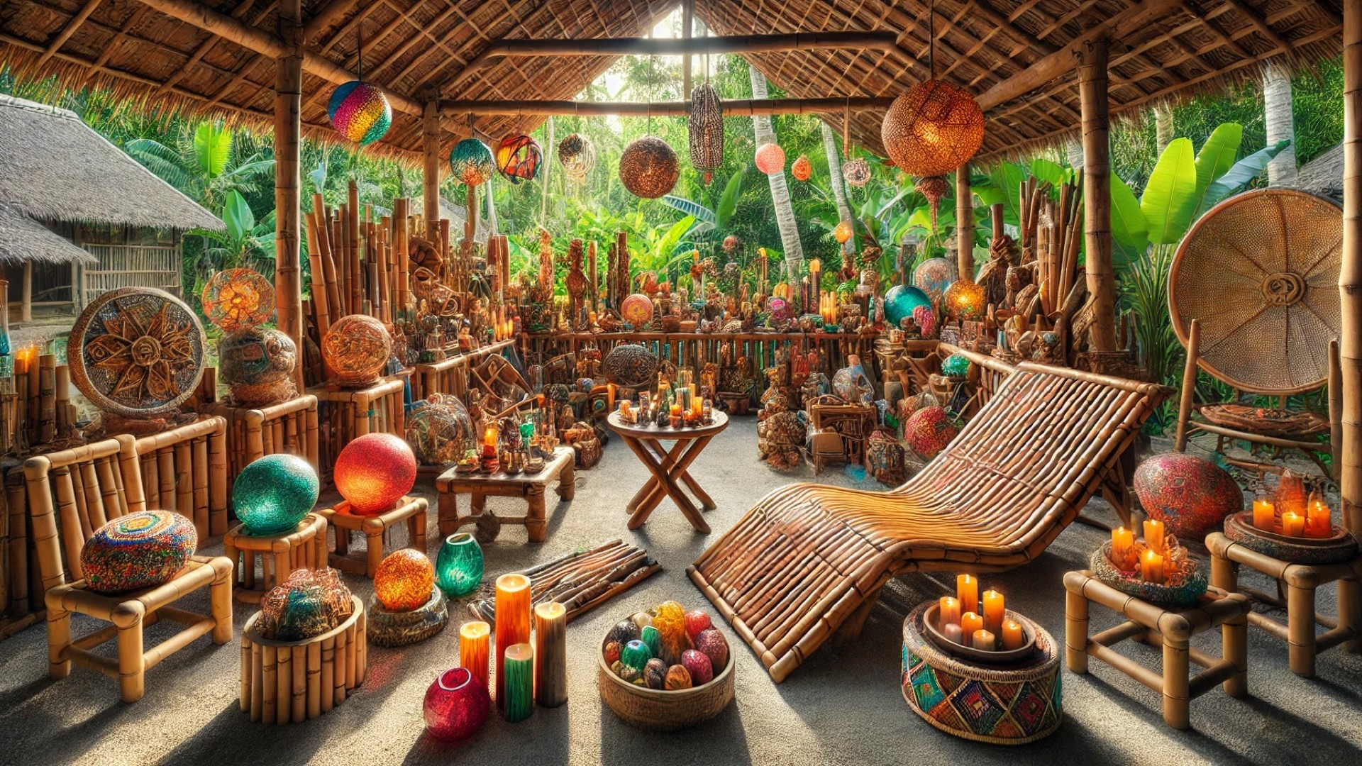 illustration of the tropical artisan workshop, capturing the vibrant atmosphere, recycled-material creations, and traditional craftsmanship