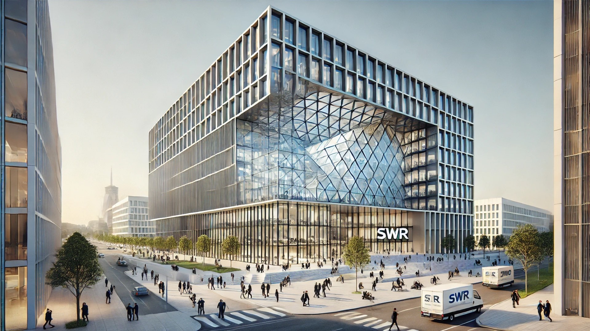SWR Broadcasting Studio in Mannheim, highlighting its transparency, modern lines, and integration with public gathering spaces