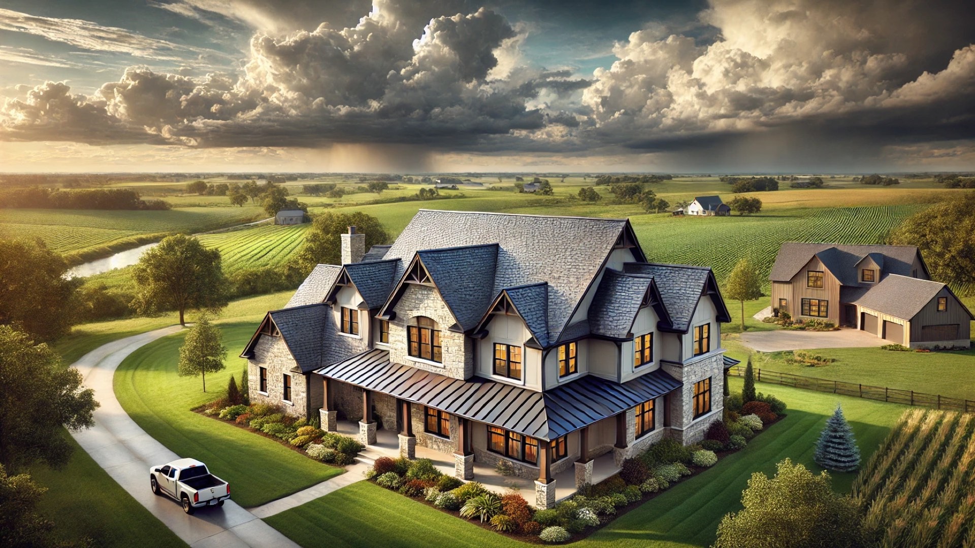 upscale Iowa farmhouse with DECRA stone-coated metal roofing, blending elegance with resilience against extreme weather
